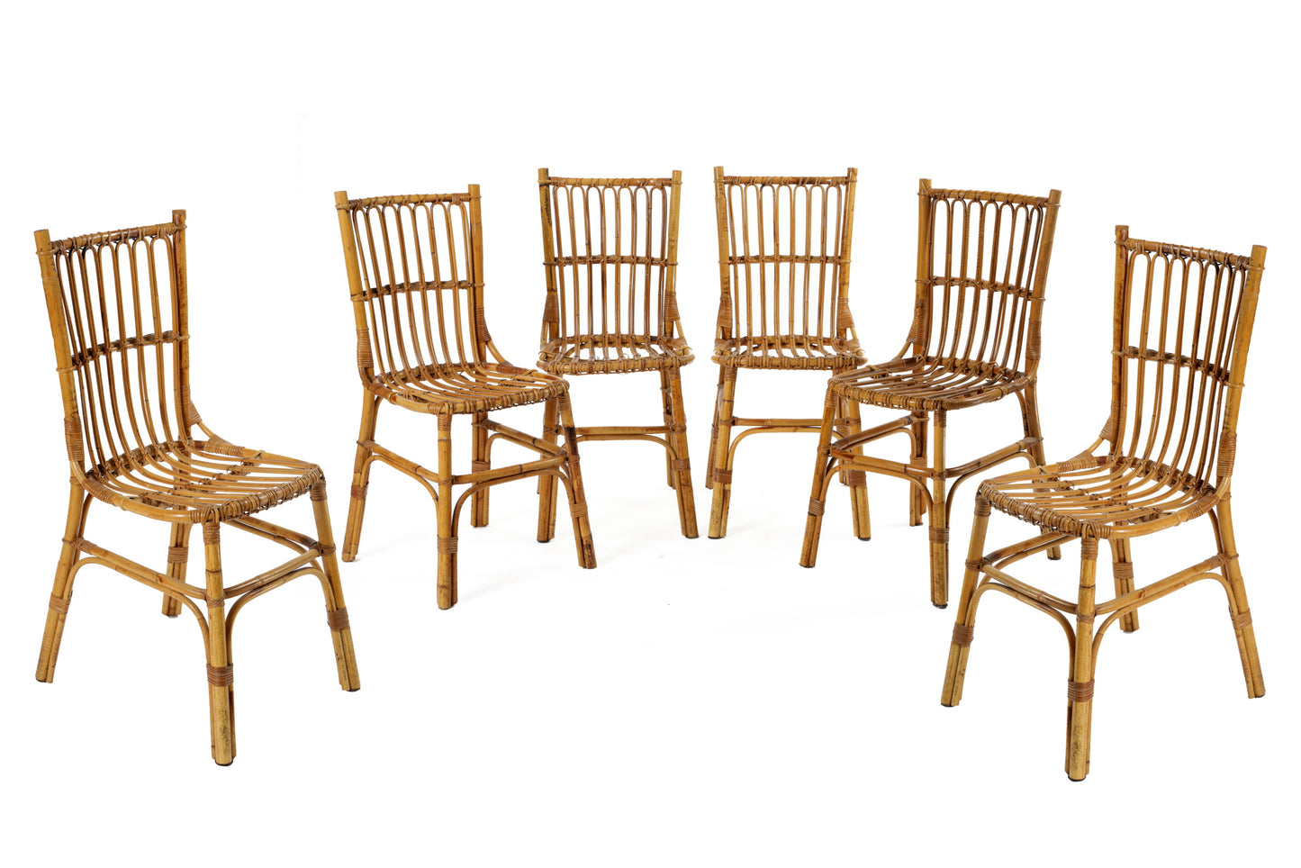 Six 70s chairs in bamboo and rattan