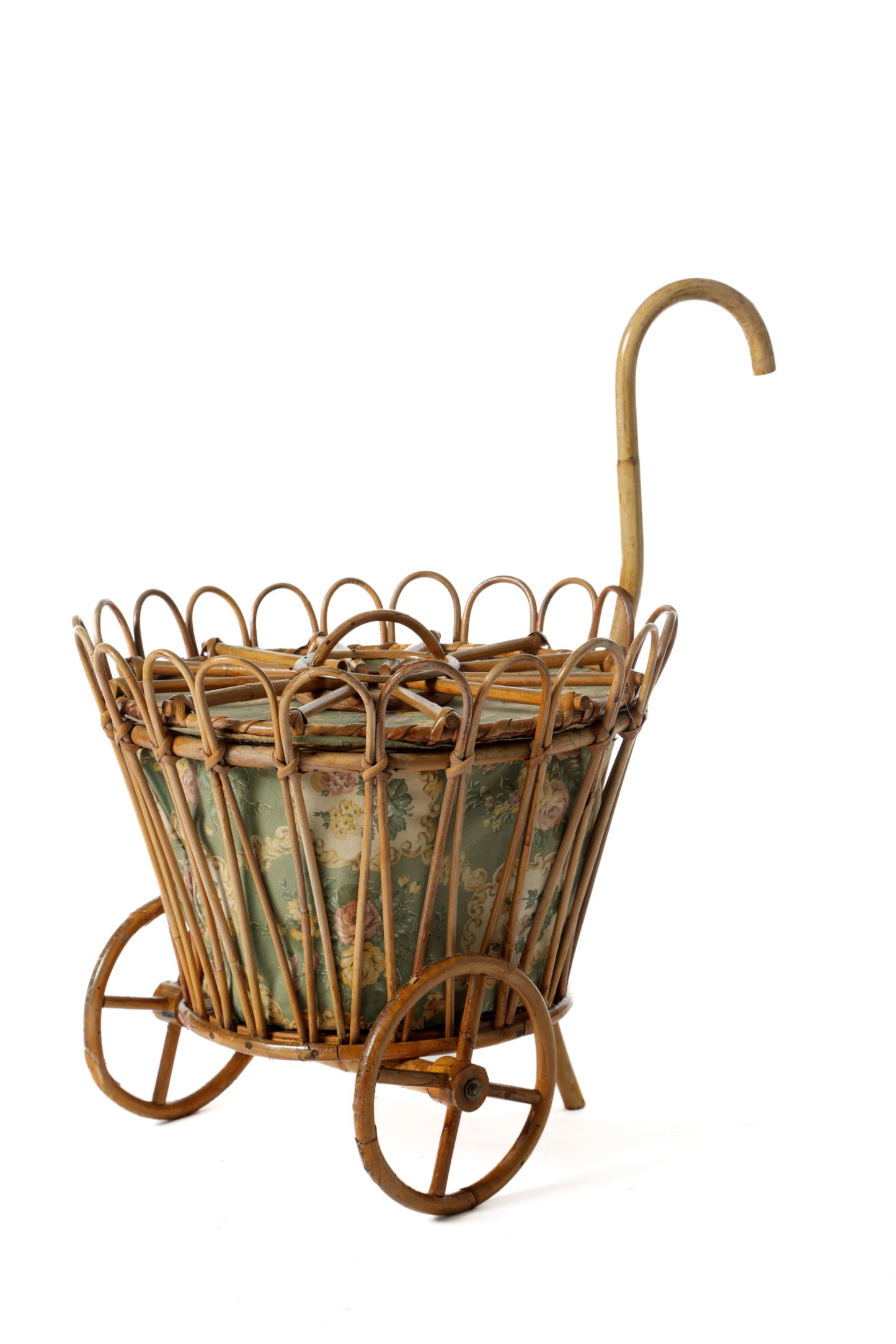 1950s bamboo storage basket with wheels