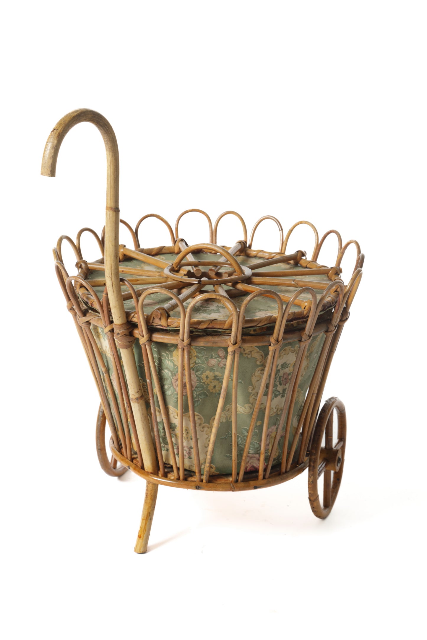 1950s bamboo storage basket with wheels