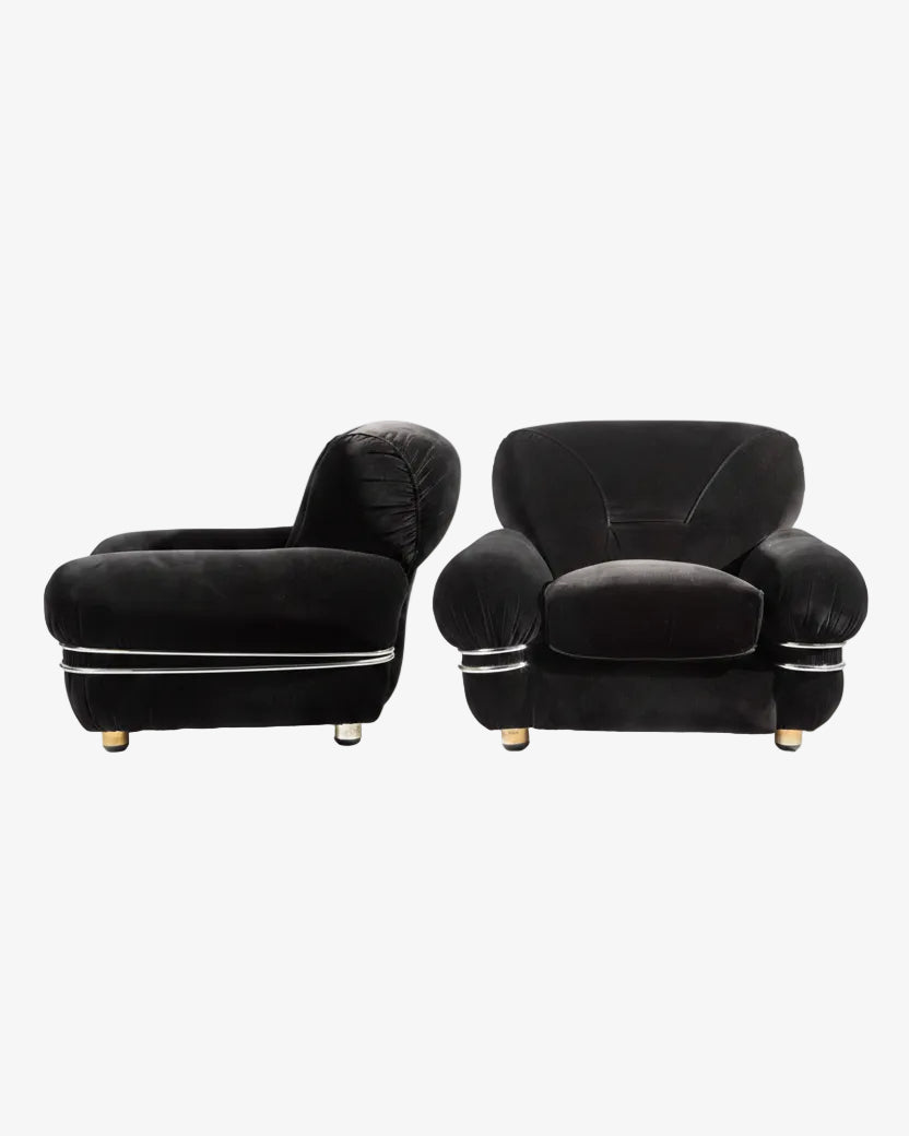 Coppia poltrone anni 70 in velluto nero reinterpretate da  t r i p l e f