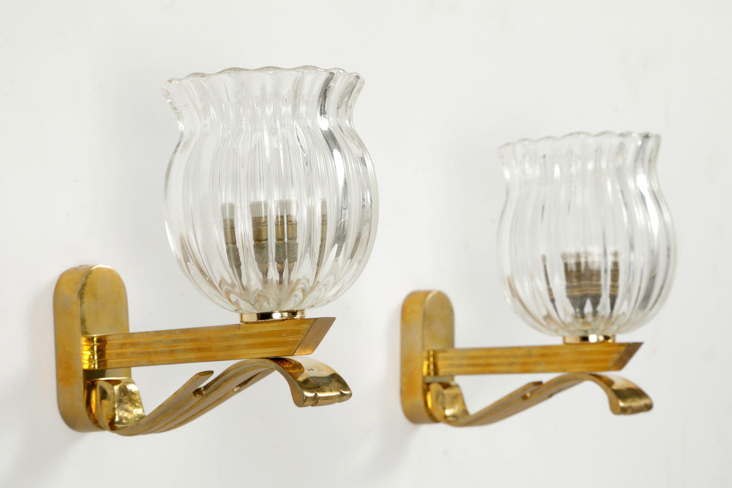 Pair of 60s Murano glass and brass wall lamps