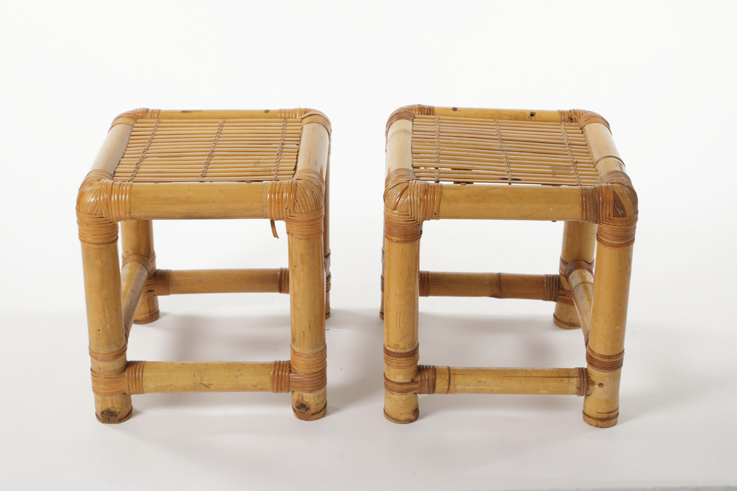 Pair of bamboo and wicker stools from the 70s