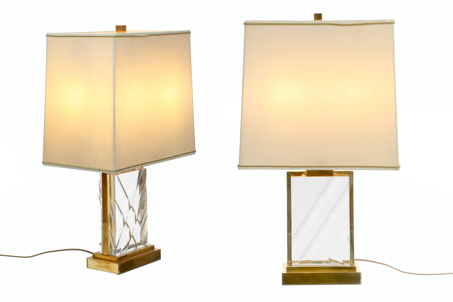 Pair of brass and crystal lamps