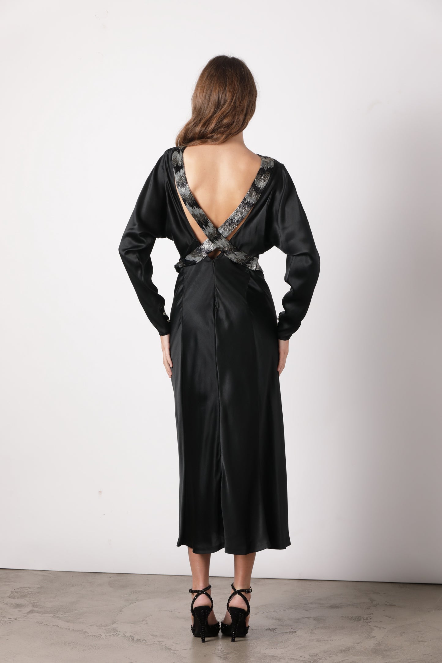 Krizia 70s black satin evening dress