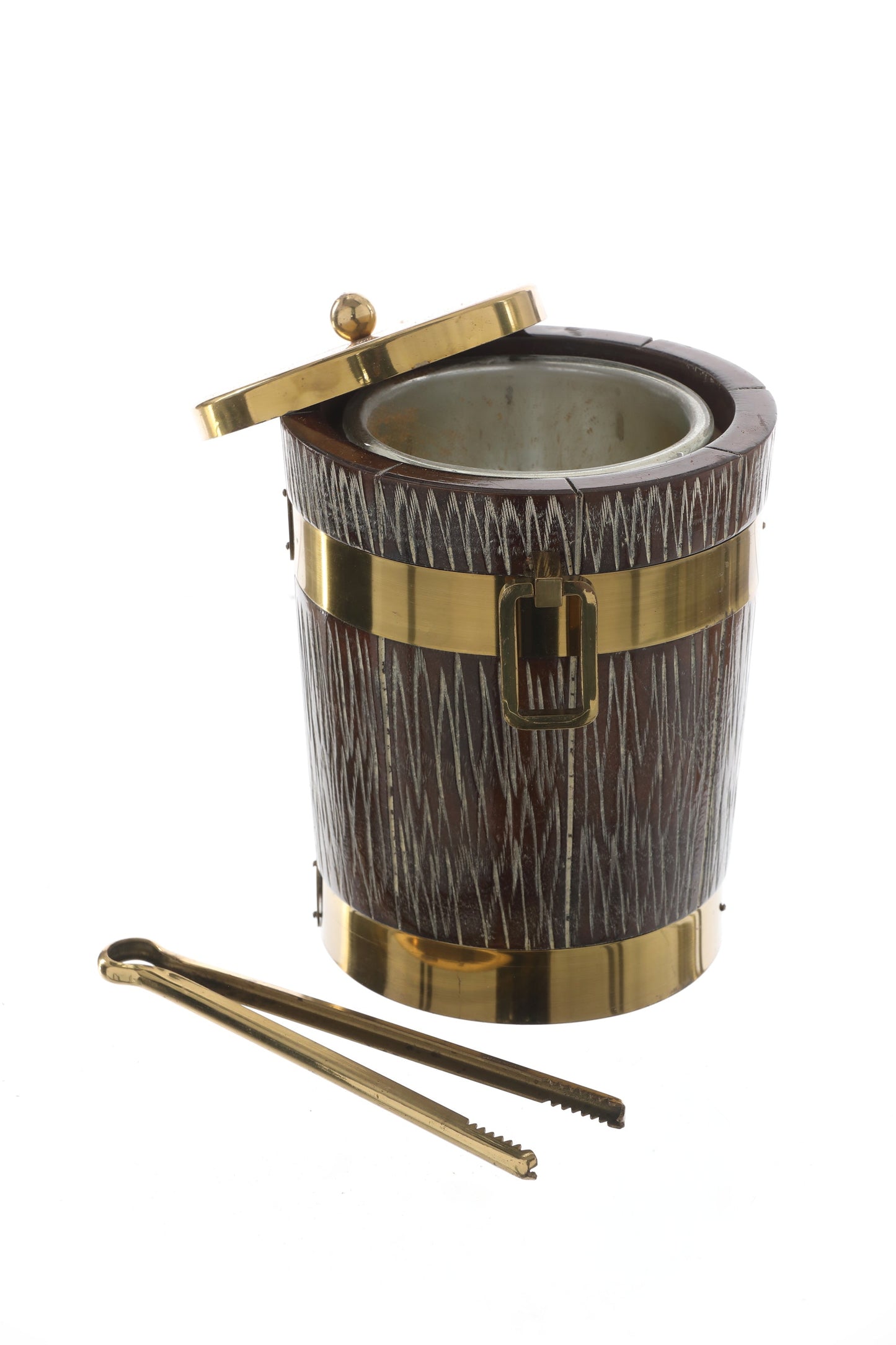 1970s wood and brass ice bucket