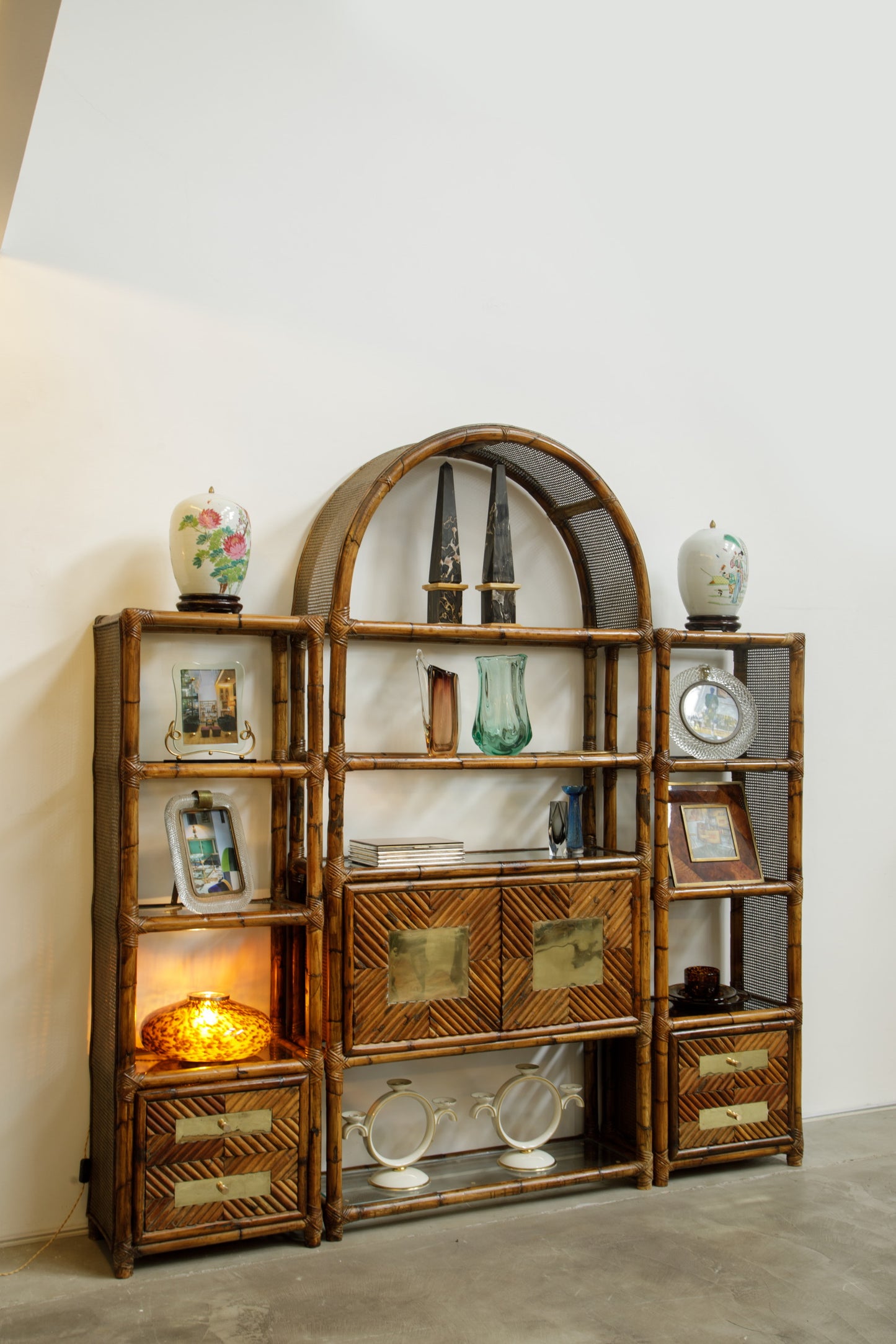 Modular bamboo and Vienna straw bookcase from the 70s