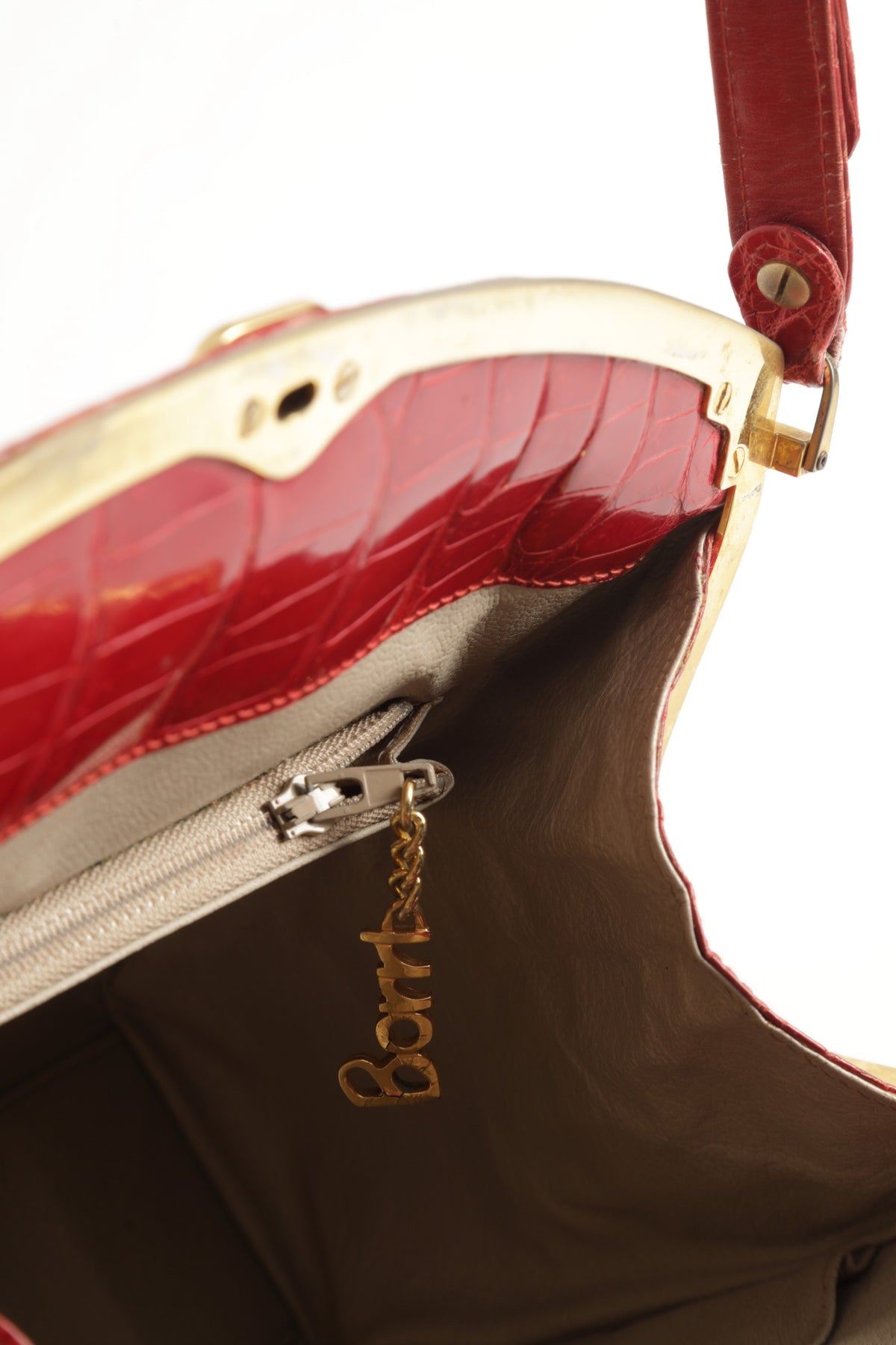 Borsa coccodrillo pompon rosso anni 70 Giovanni Borri Milano