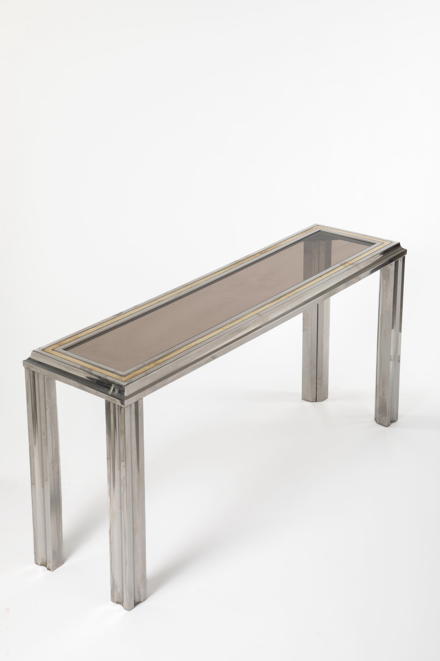 1970s crystal, steel and brass console