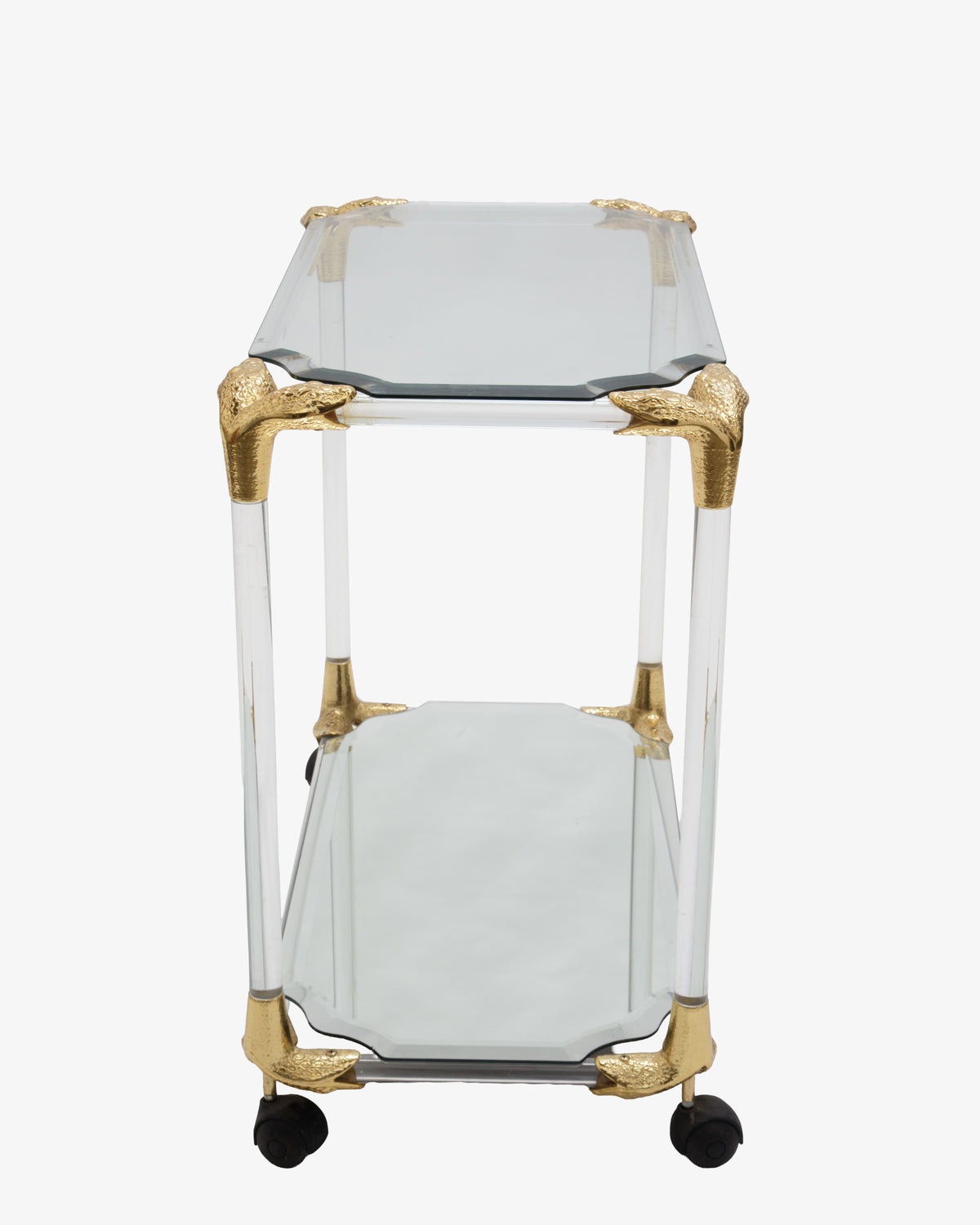 1970s plexiglass and glass trolley with brass snake inserts