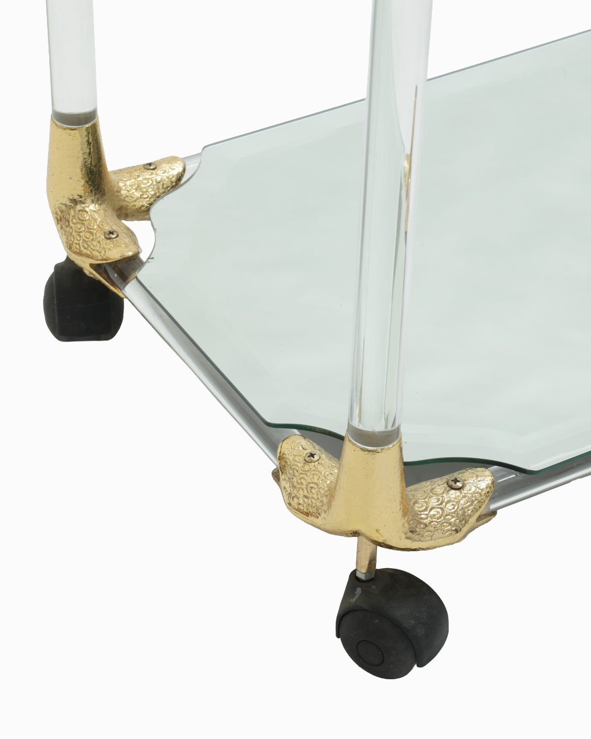 1970s plexiglass and glass trolley with brass snake inserts
