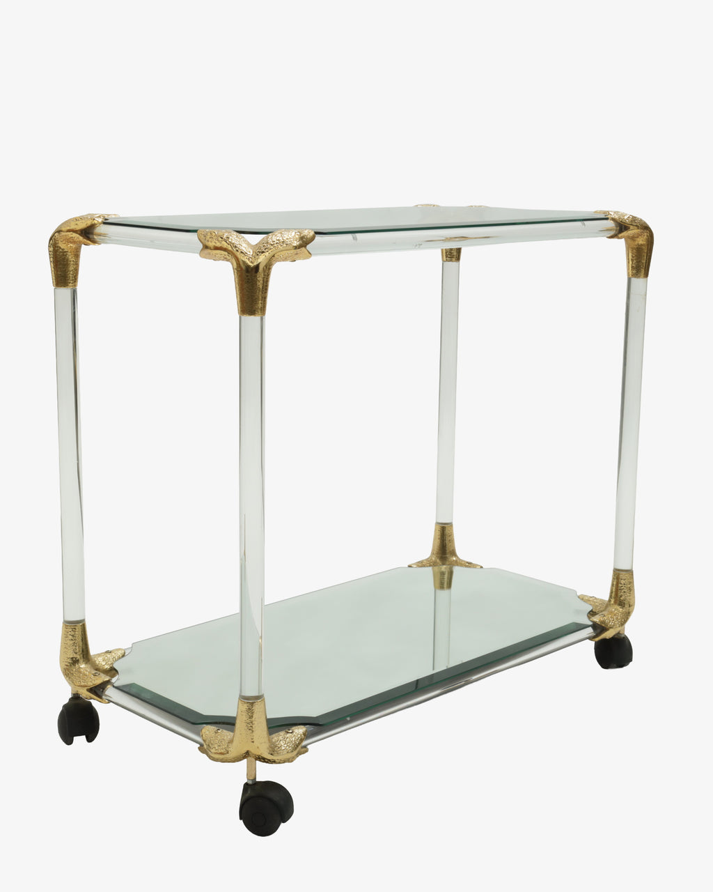 1970s plexiglass and glass trolley with brass snake inserts