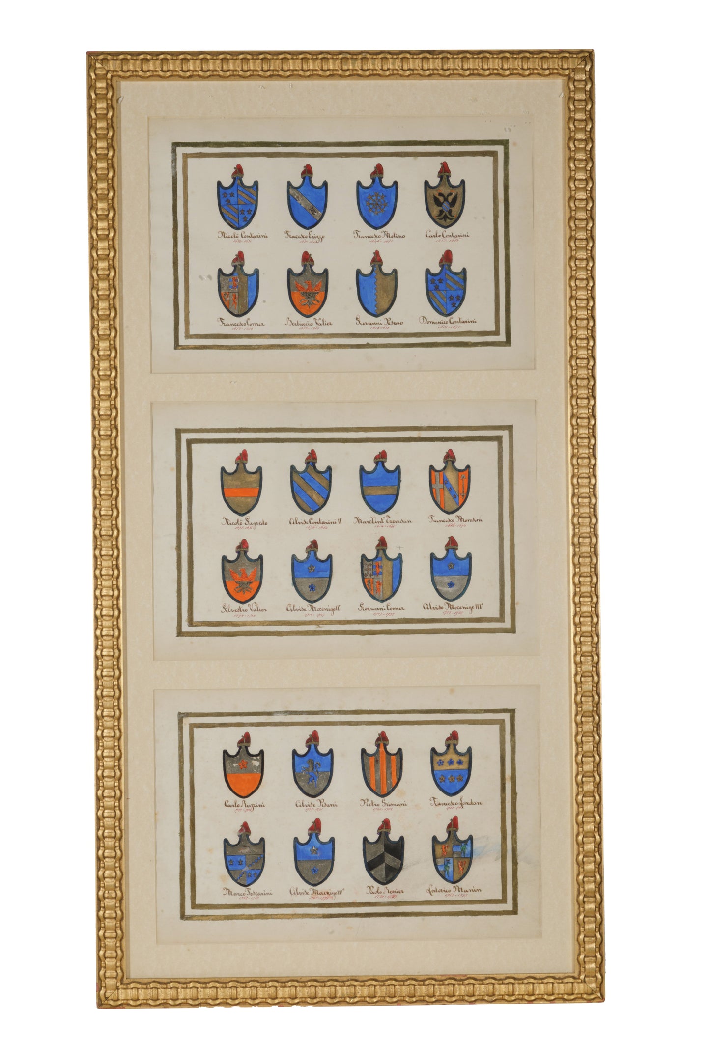 Set of 5(?) painted (on parchment?) Heraldic coats of arms