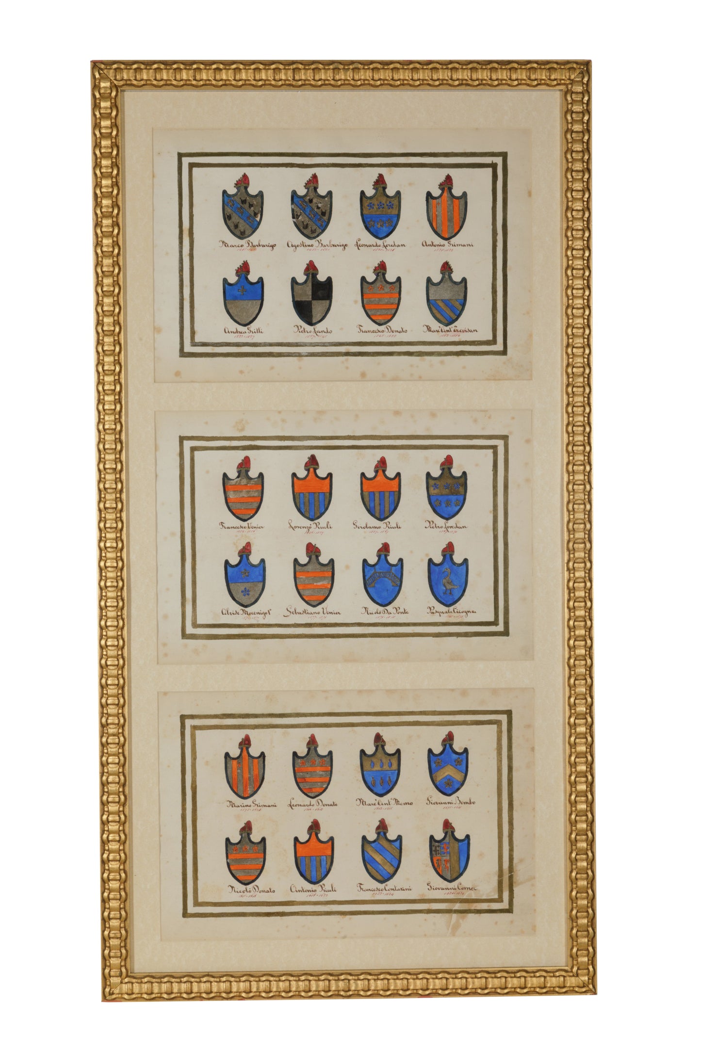 Set of 5(?) painted (on parchment?) Heraldic coats of arms