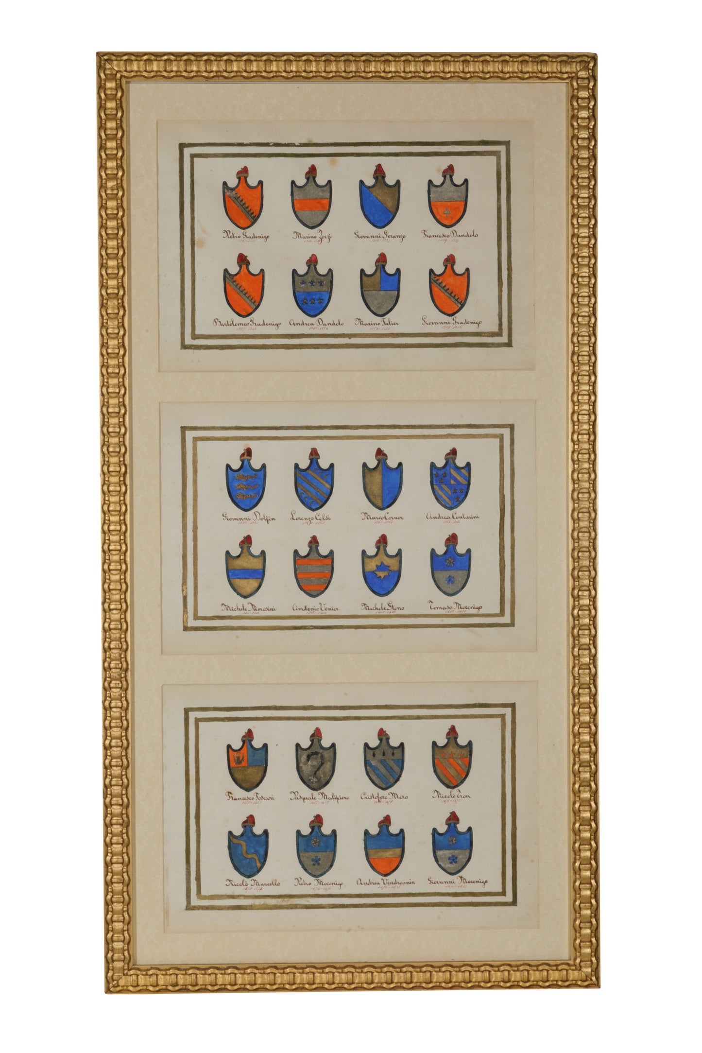 Set of 5(?) painted (on parchment?) Heraldic coats of arms