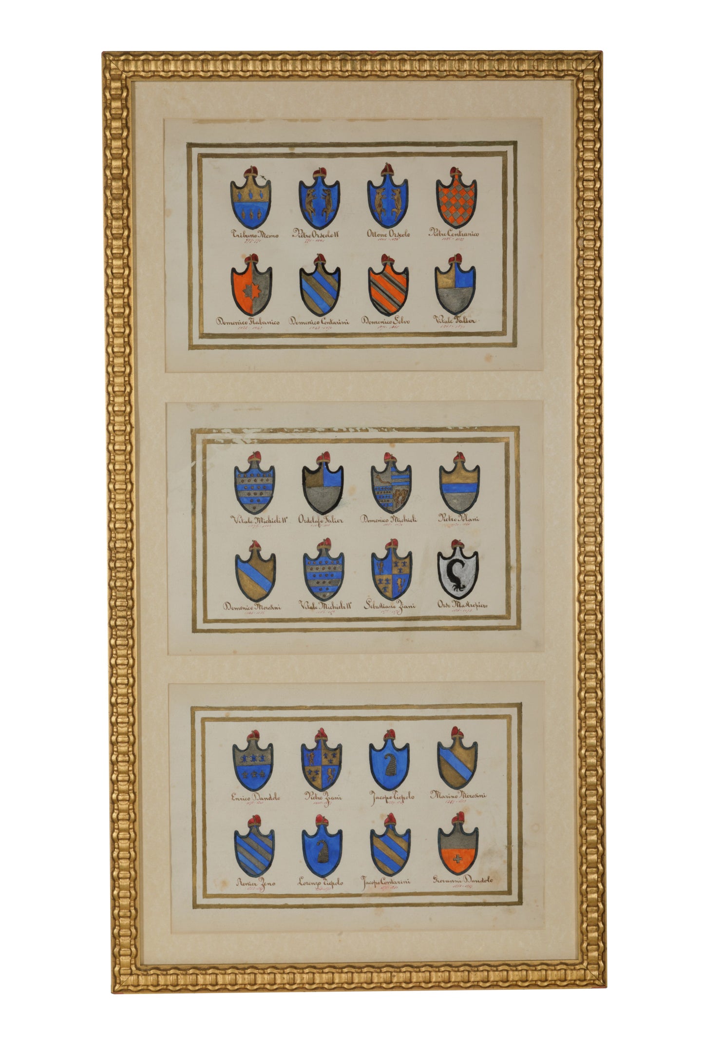 Set of 5(?) painted (on parchment?) Heraldic coats of arms