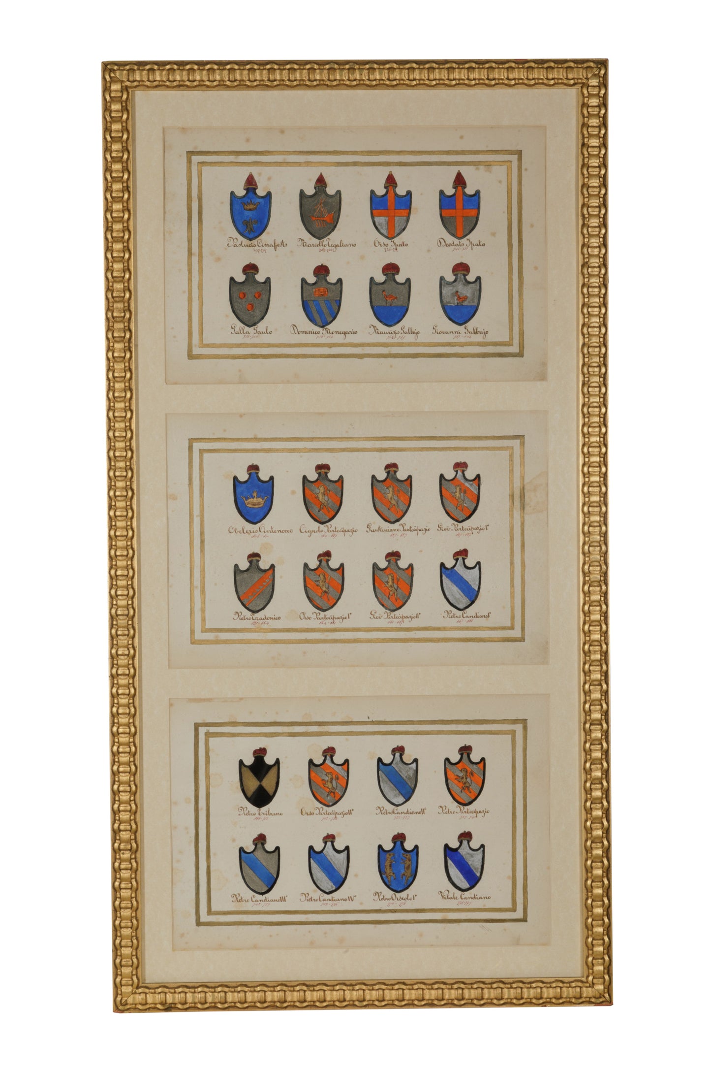 Set of 5(?) painted (on parchment?) Heraldic coats of arms