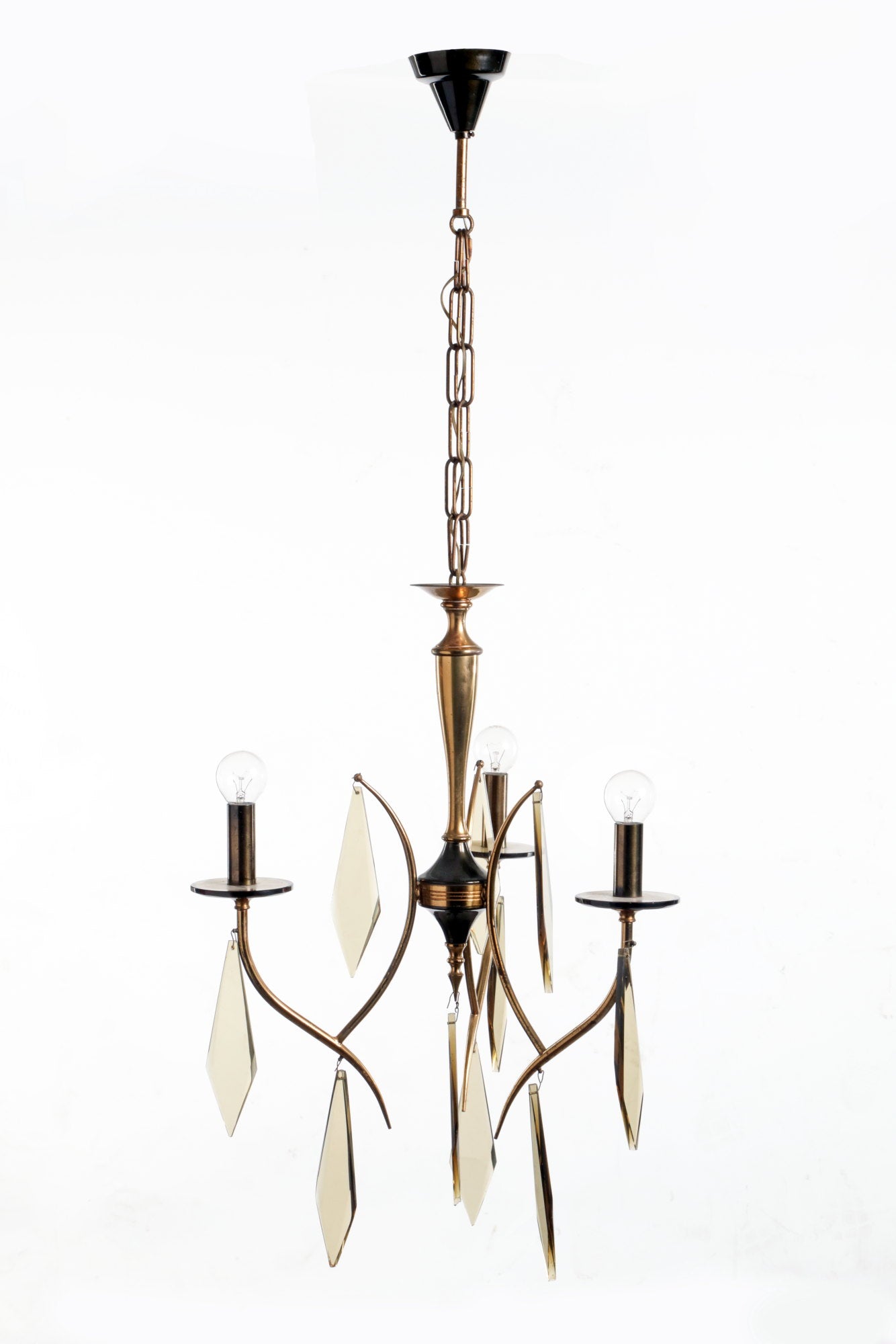 Chandelier 3 lights smoked and brass drops