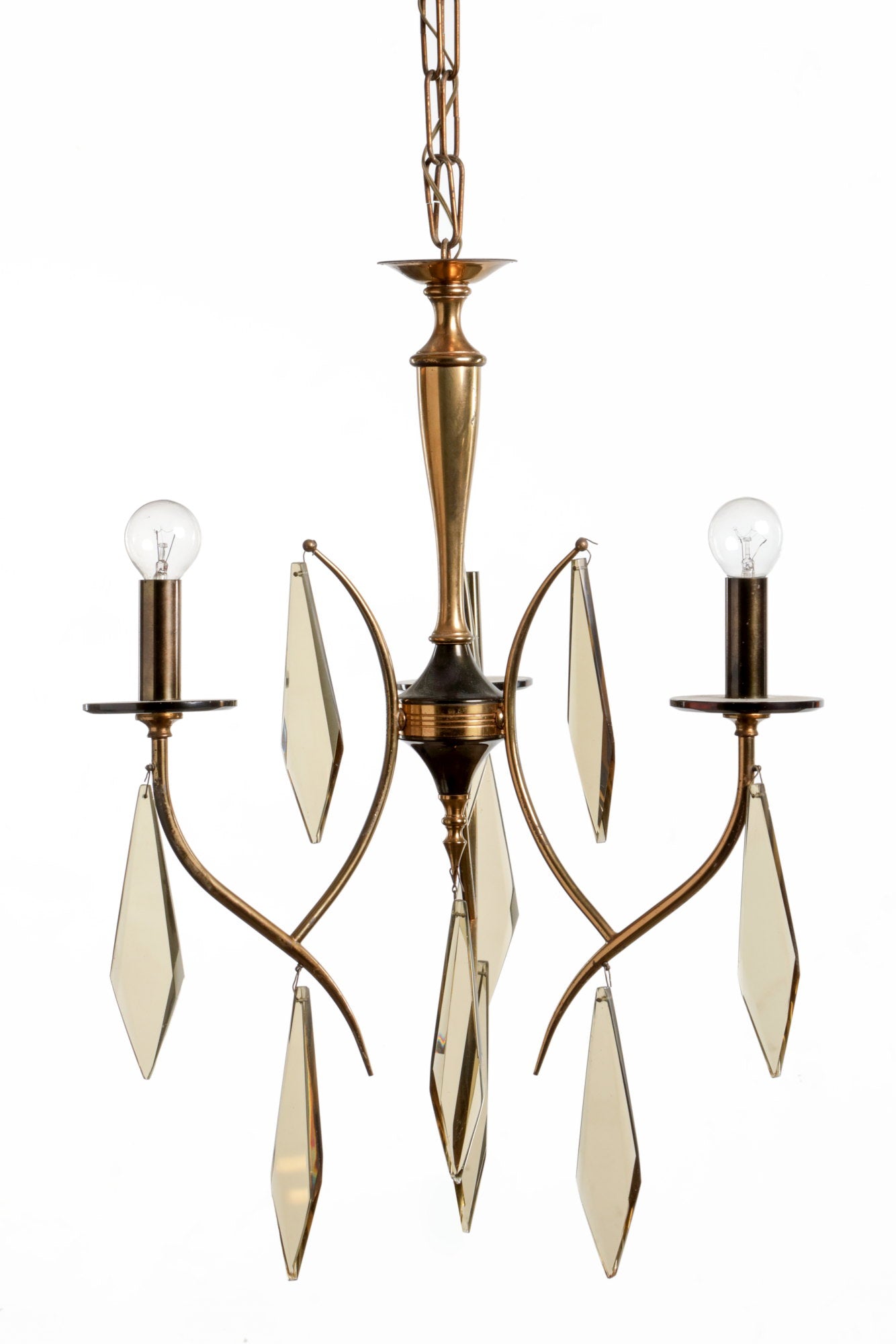 Chandelier 3 lights smoked and brass drops