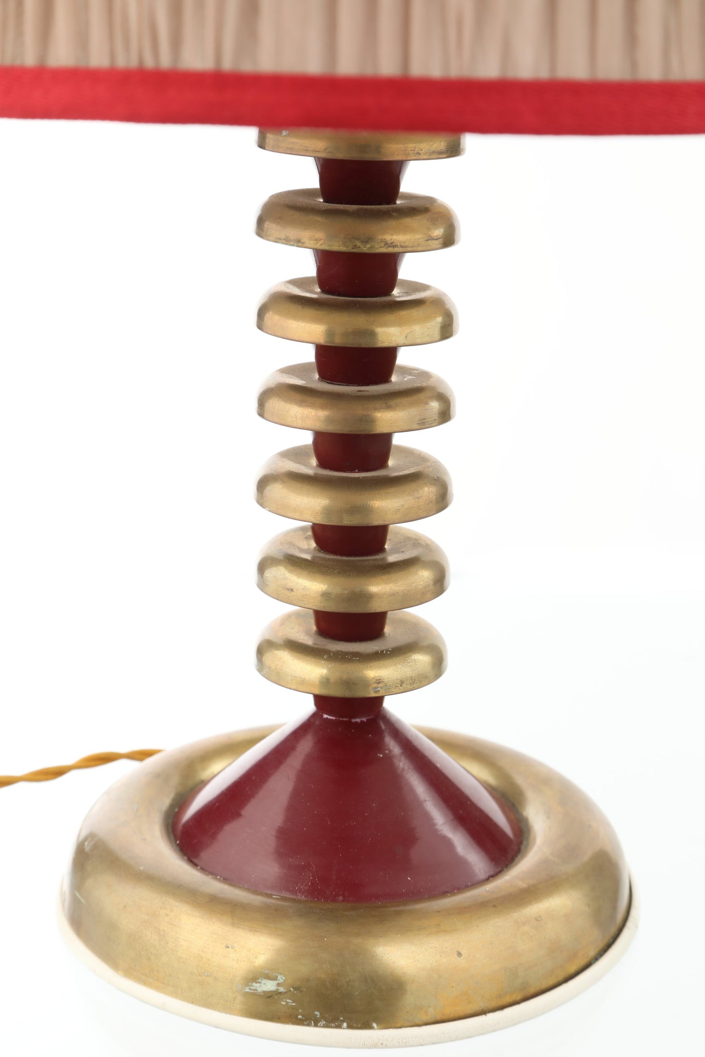 70s lamp with brass circles and burgundy lacquer