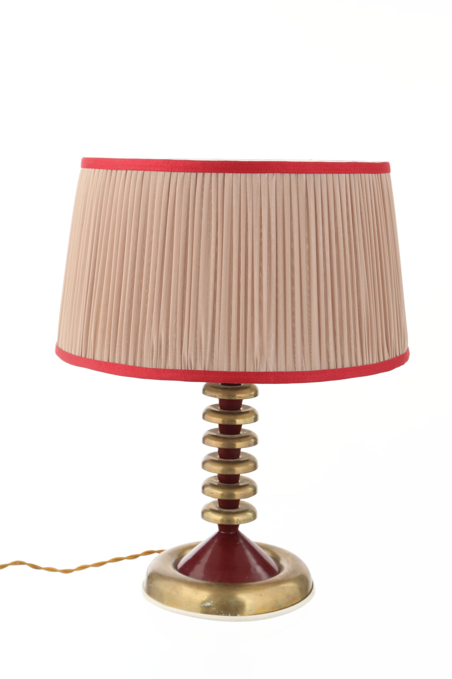 70s lamp with brass circles and burgundy lacquer