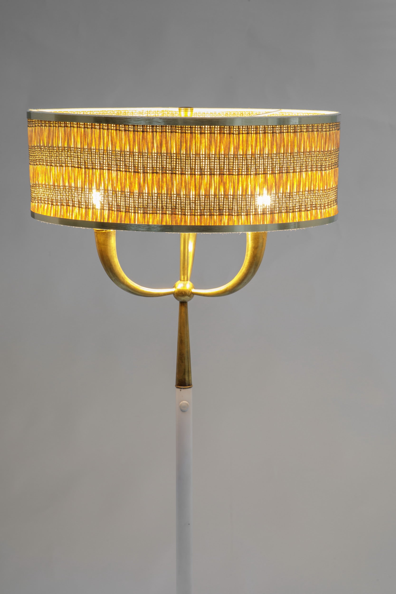 1950s floor lamp, white-stained brass, straw lampshade