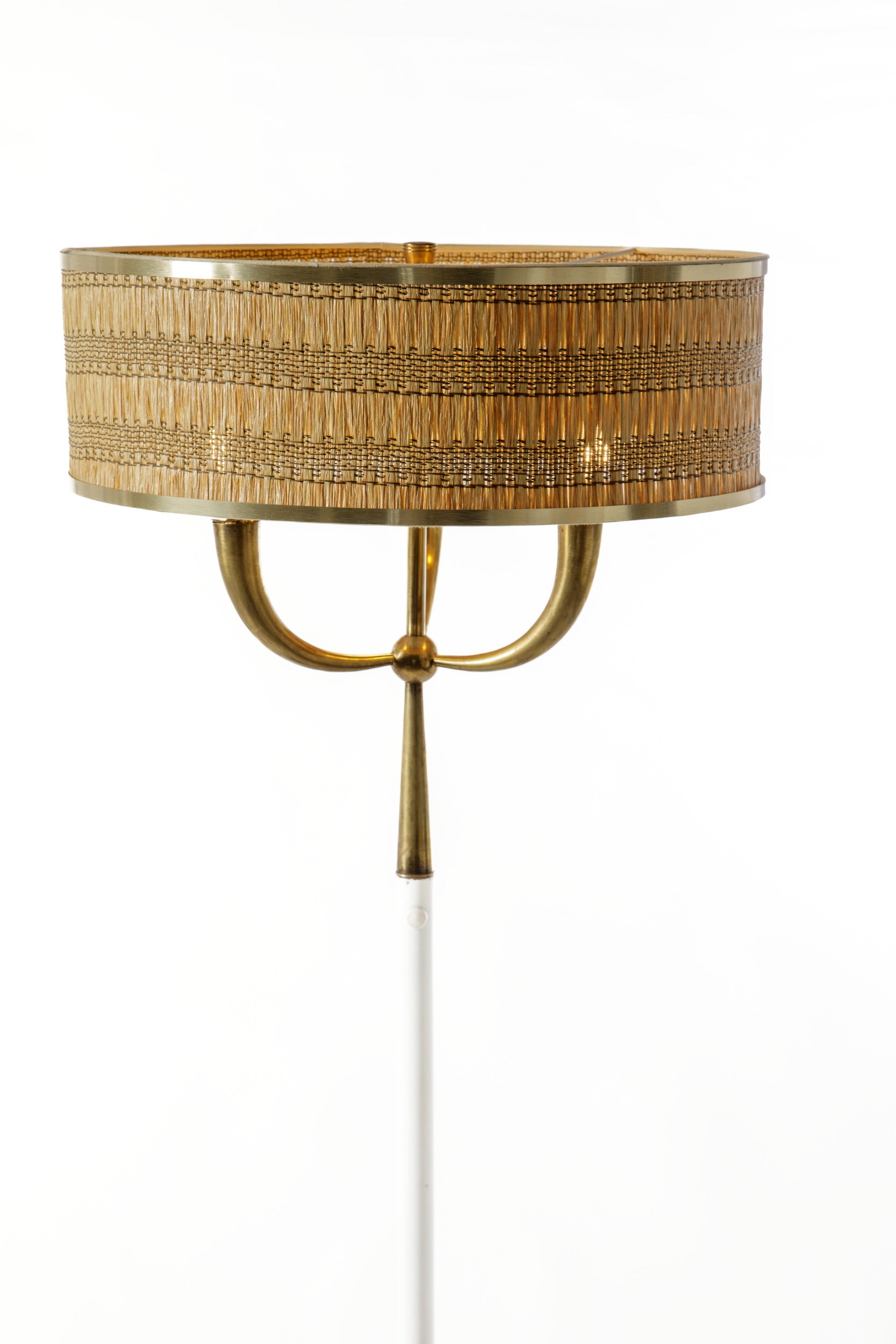 1950s floor lamp, white-stained brass, straw lampshade