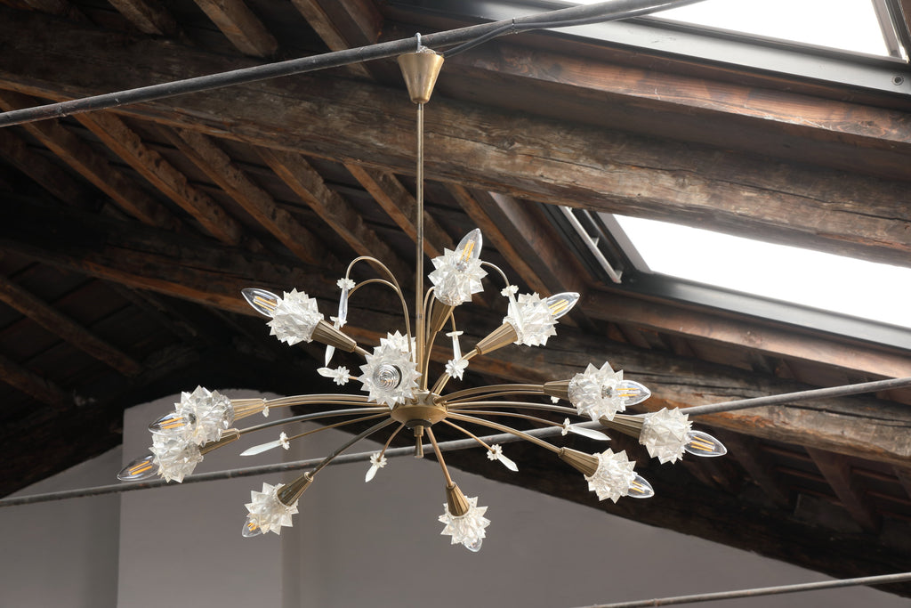 Lampadario anni 50 ottone e vetro diamantato