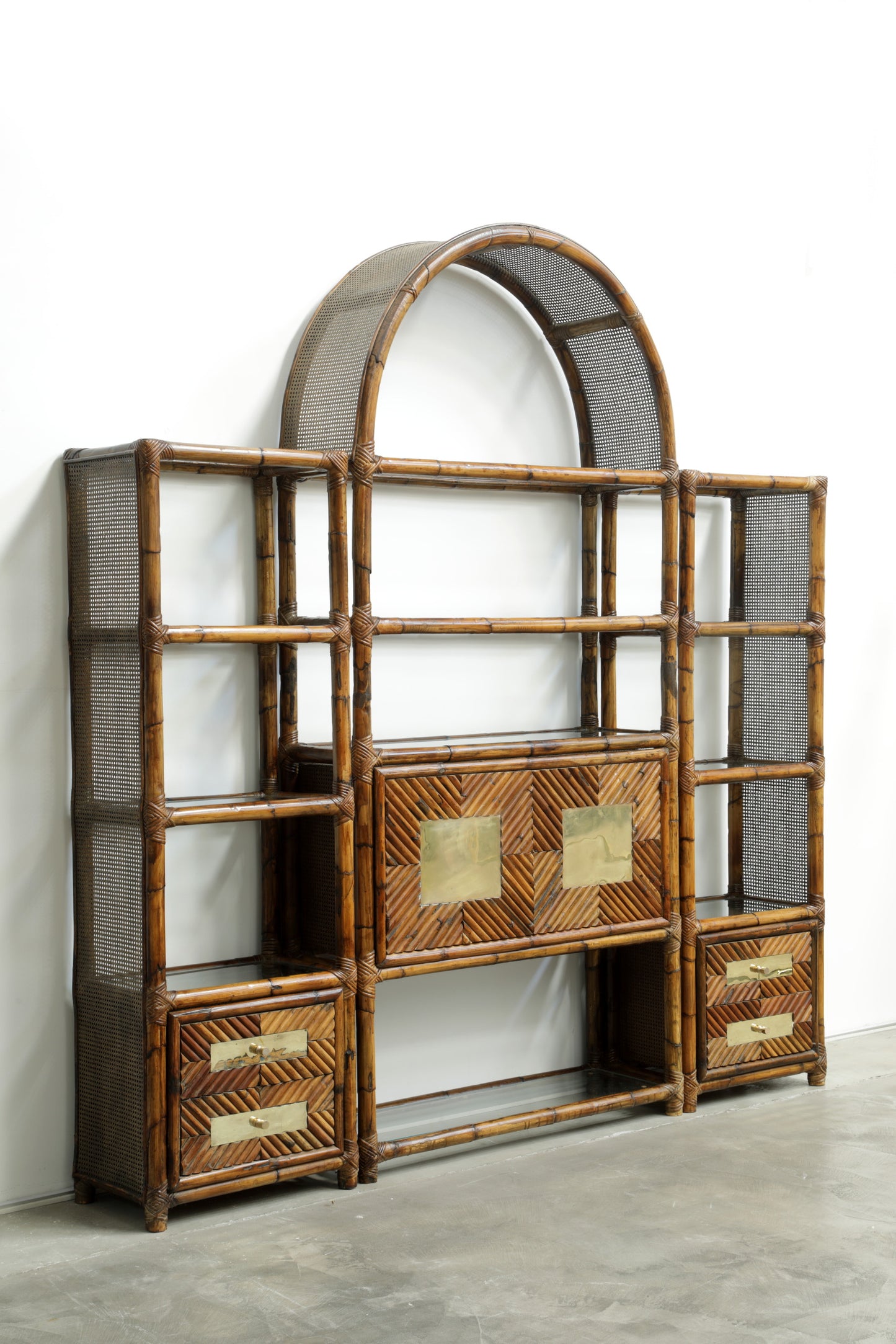 Modular bamboo and Vienna straw bookcase from the 70s