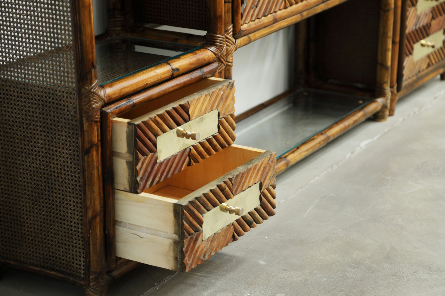 Modular bamboo and Vienna straw bookcase from the 70s