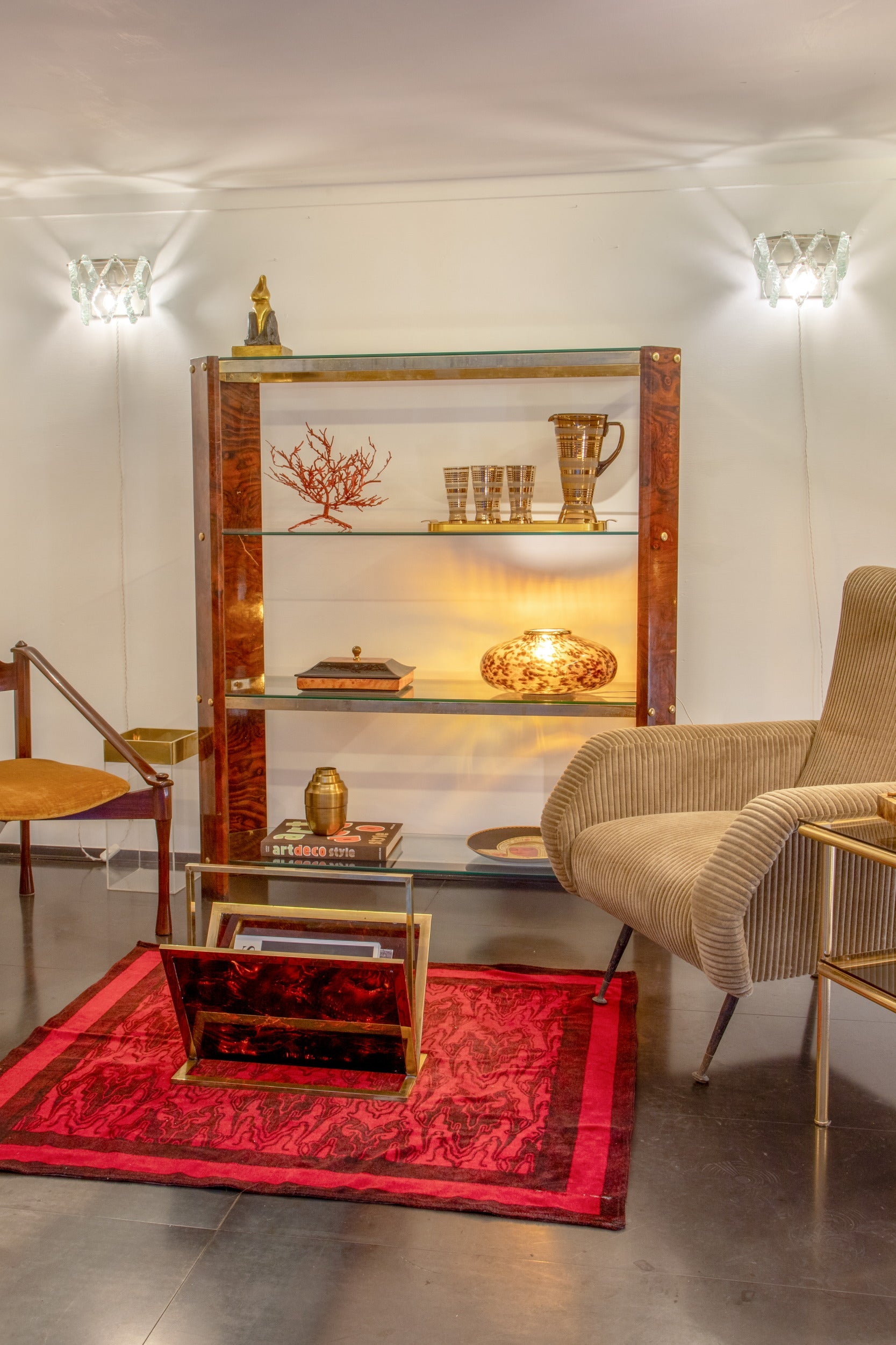 70s briar brass and crystal bookcase