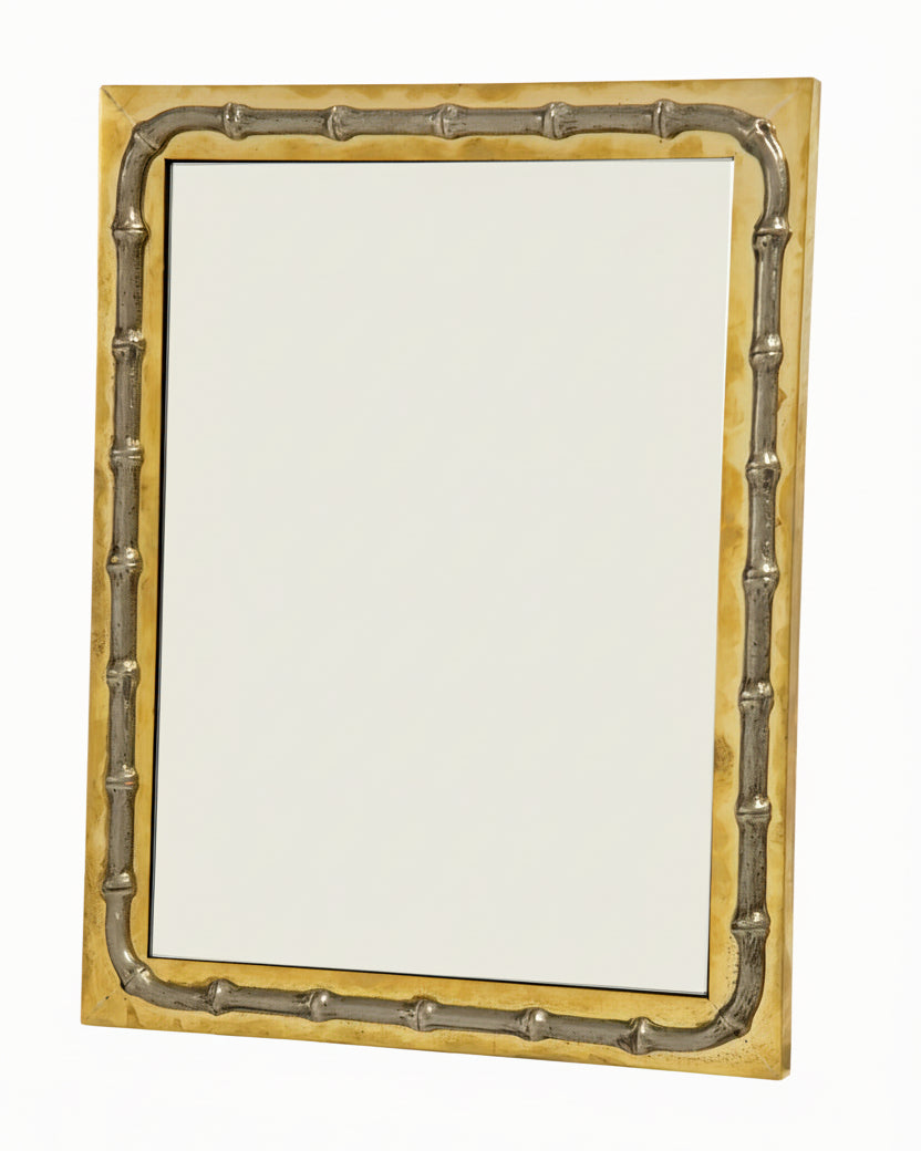 Small 1970s silver-plated brass and bamboo mirror