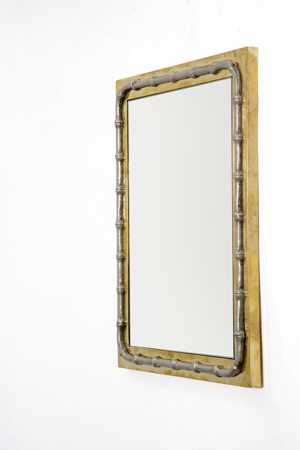Small 1970s silver-plated brass and bamboo mirror