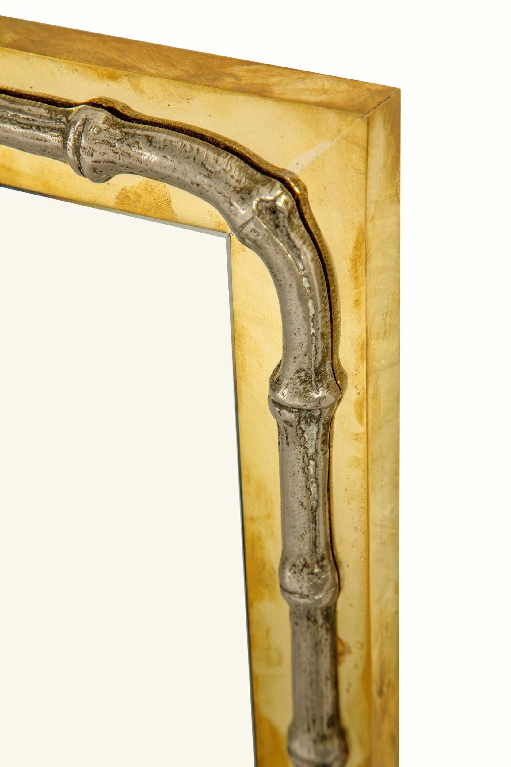 Small 1970s silver-plated brass and bamboo mirror