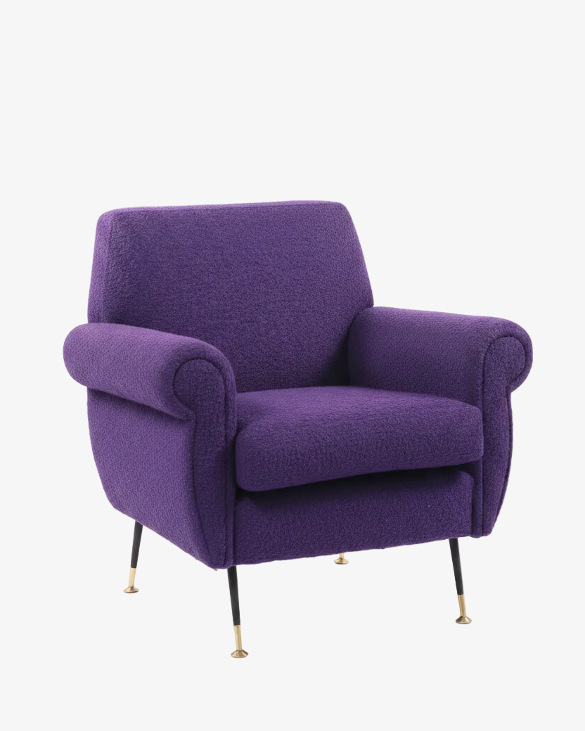 50's armchair reinterpreted in purple triplef bouclé