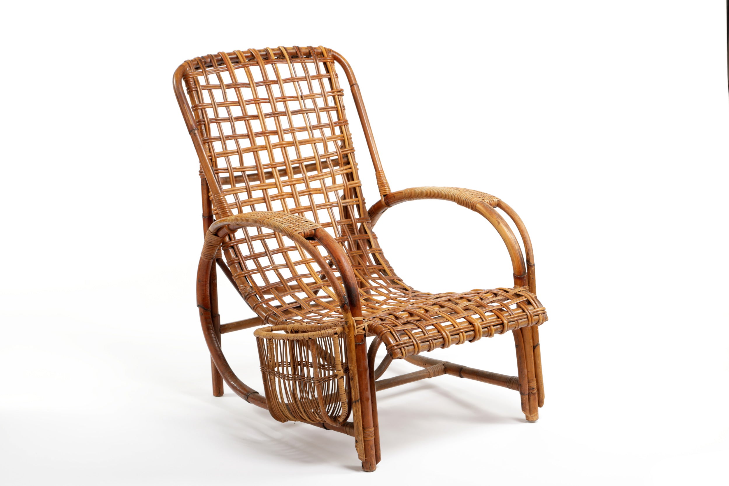 1960s wicker and bamboo armchair with magazine rack