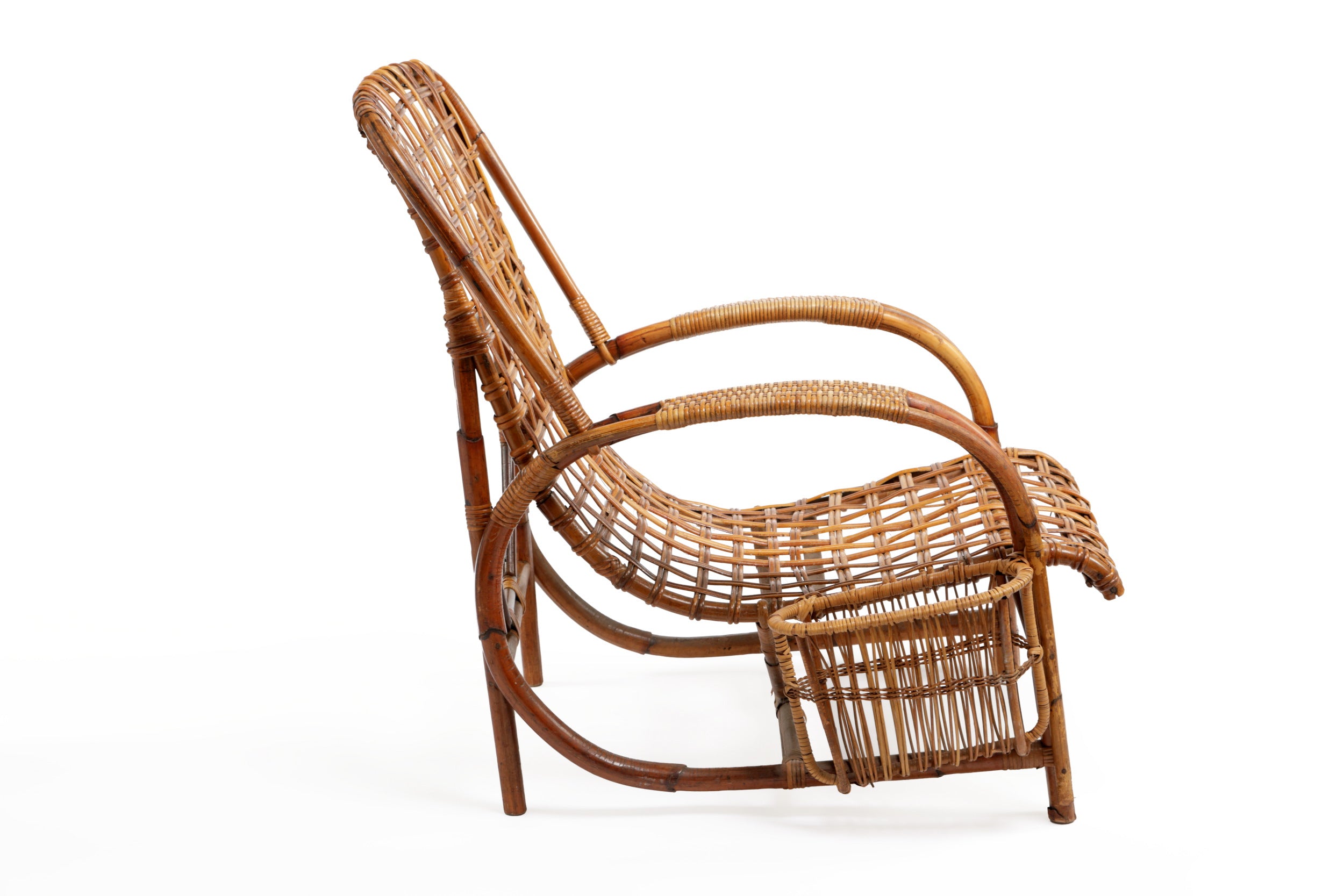 1960s wicker and bamboo armchair with magazine rack