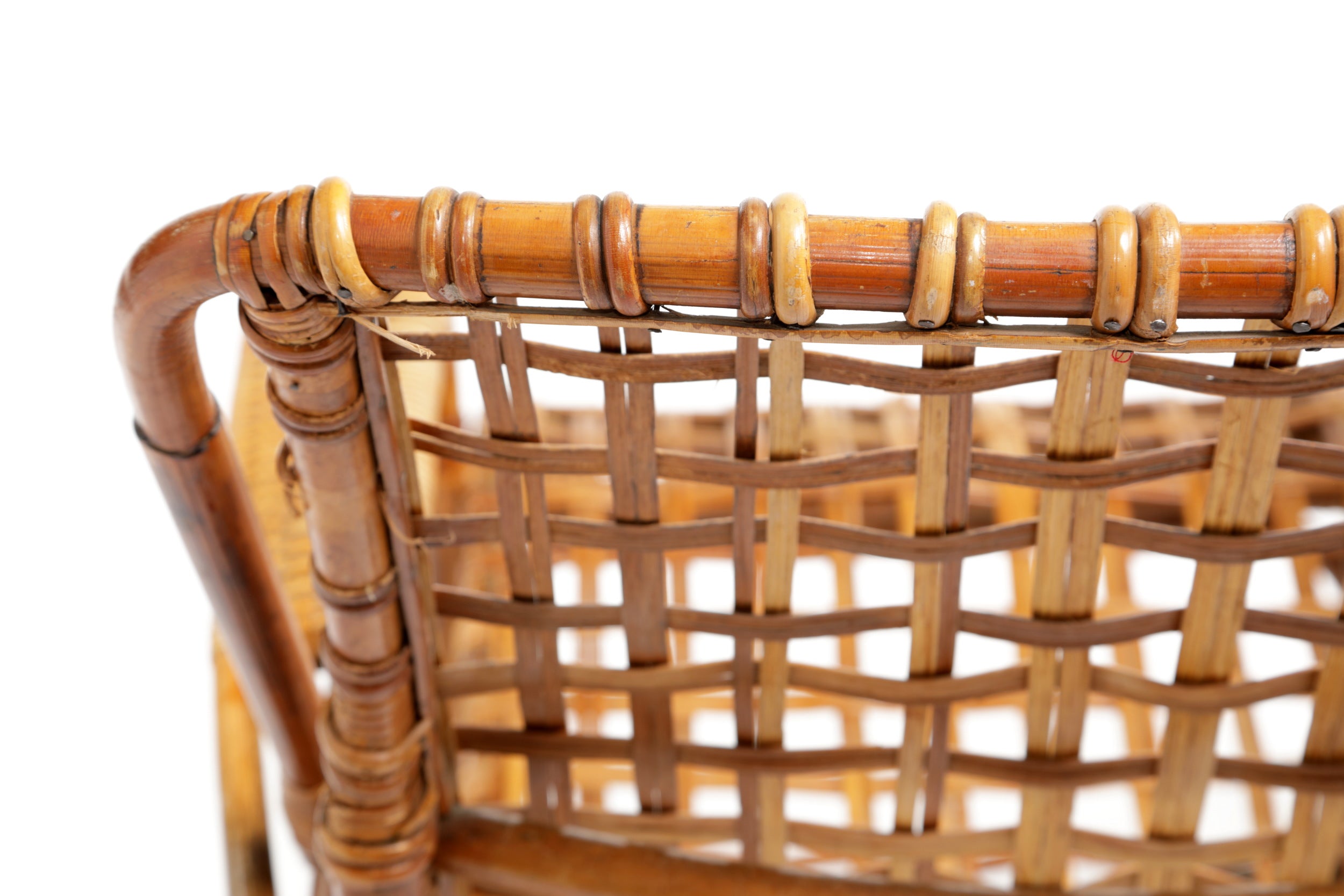 1960s wicker and bamboo armchair with magazine rack