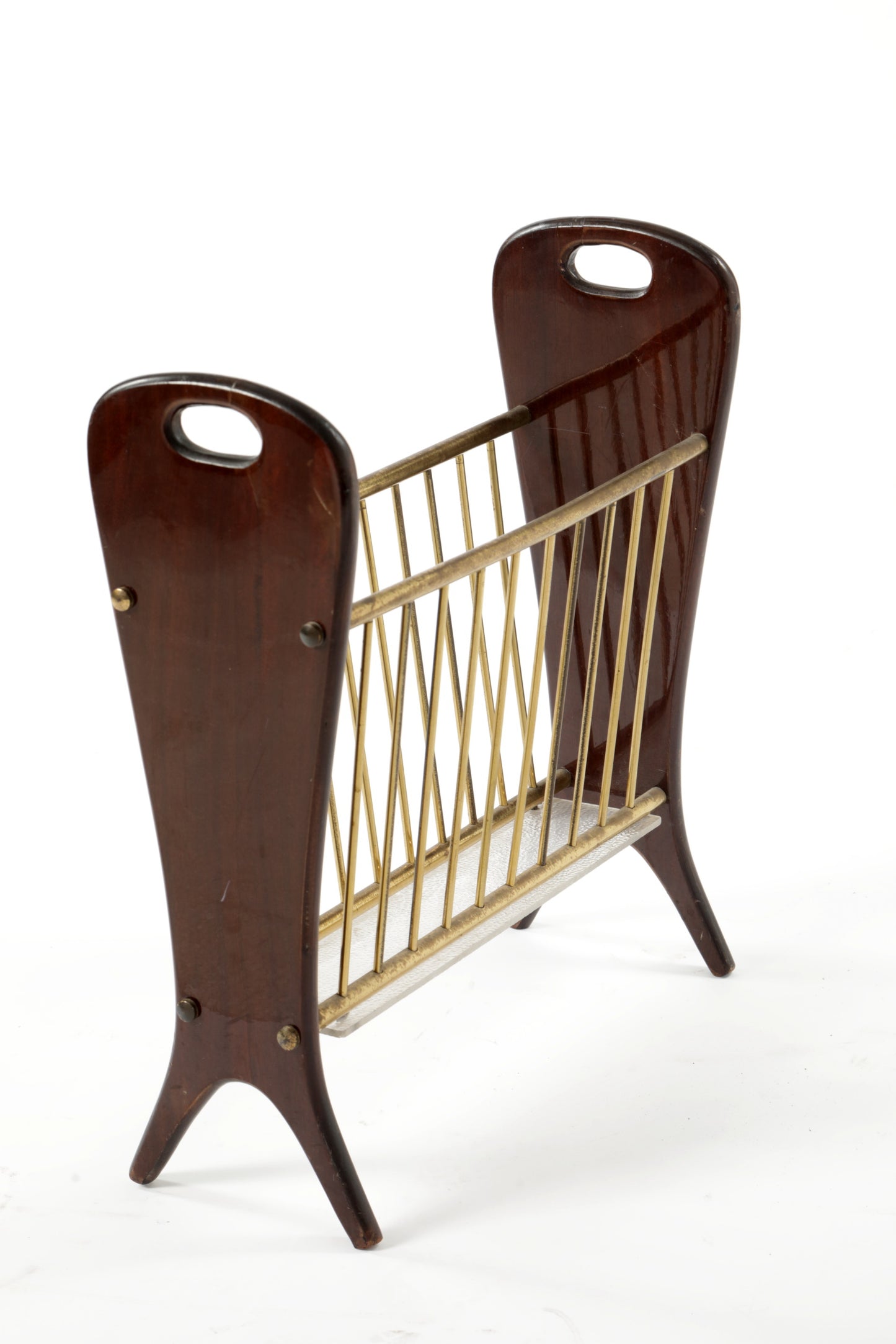 1950s brass mahogany magazine rack