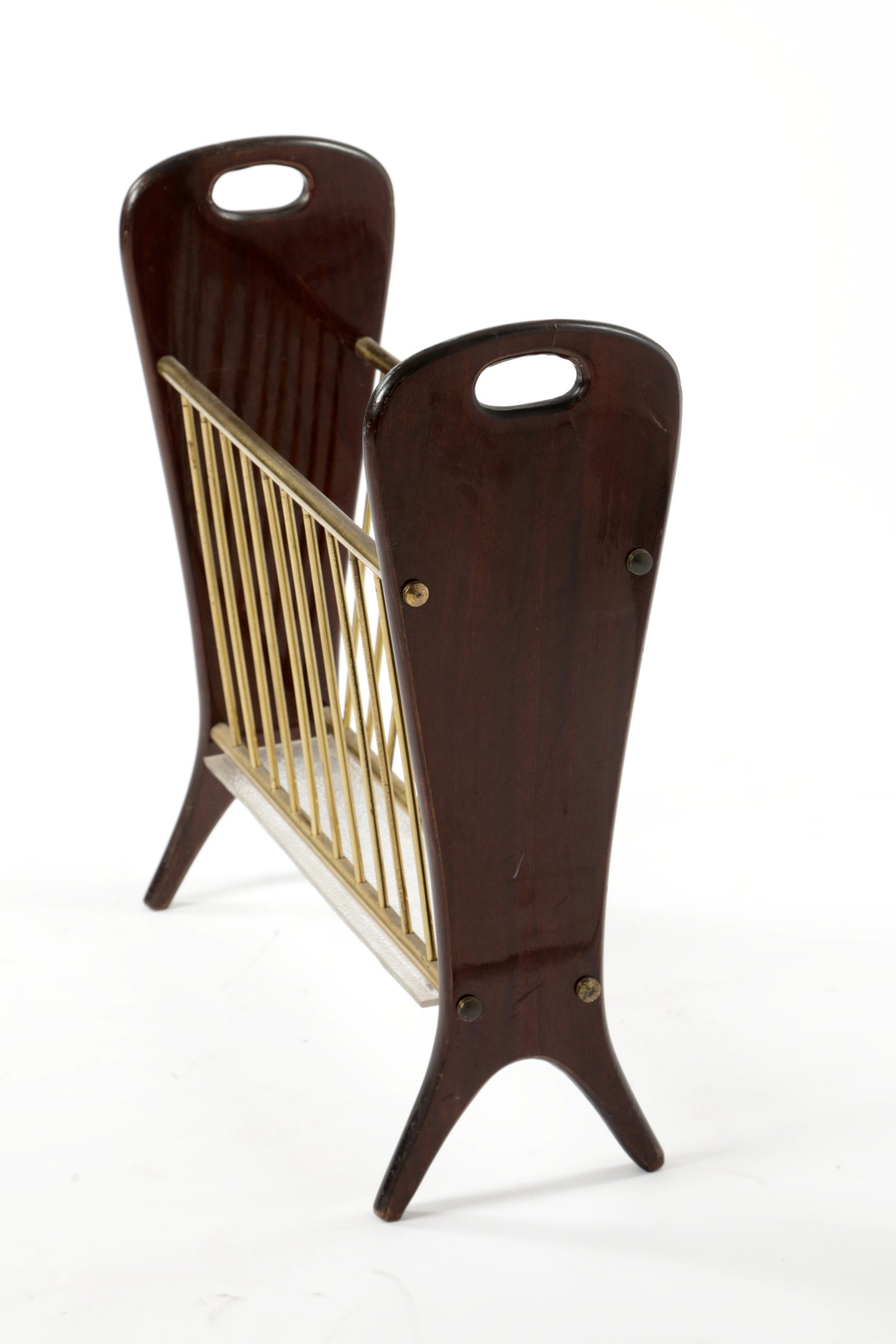 1950s brass mahogany magazine rack