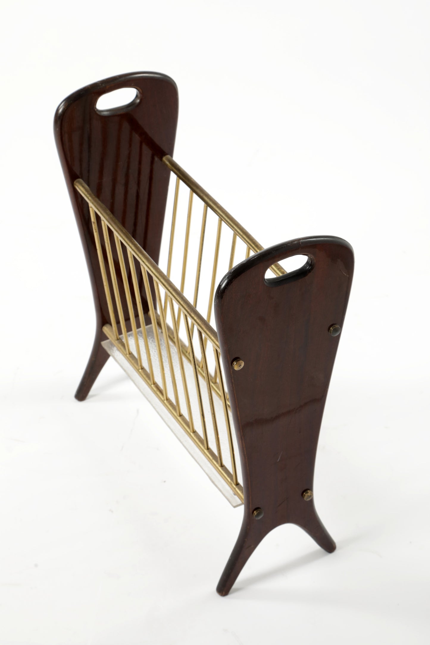 1950s brass mahogany magazine rack