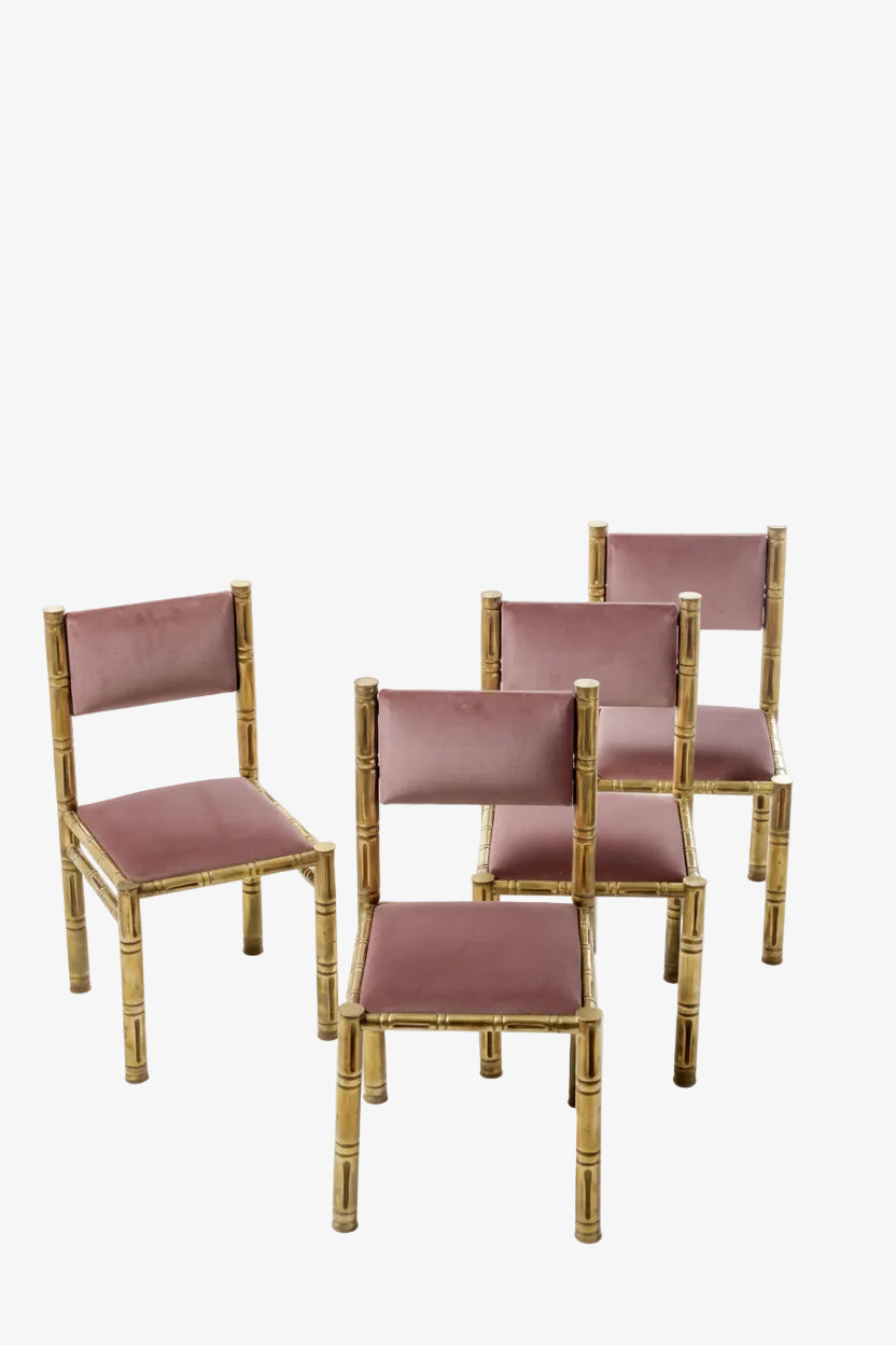 Four bamboo chairs brass seat mauve 70s