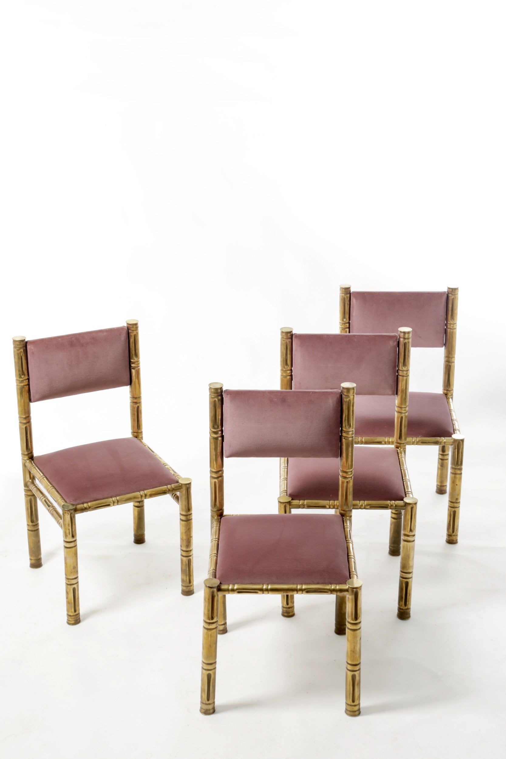 Four bamboo chairs brass seat mauve 70s