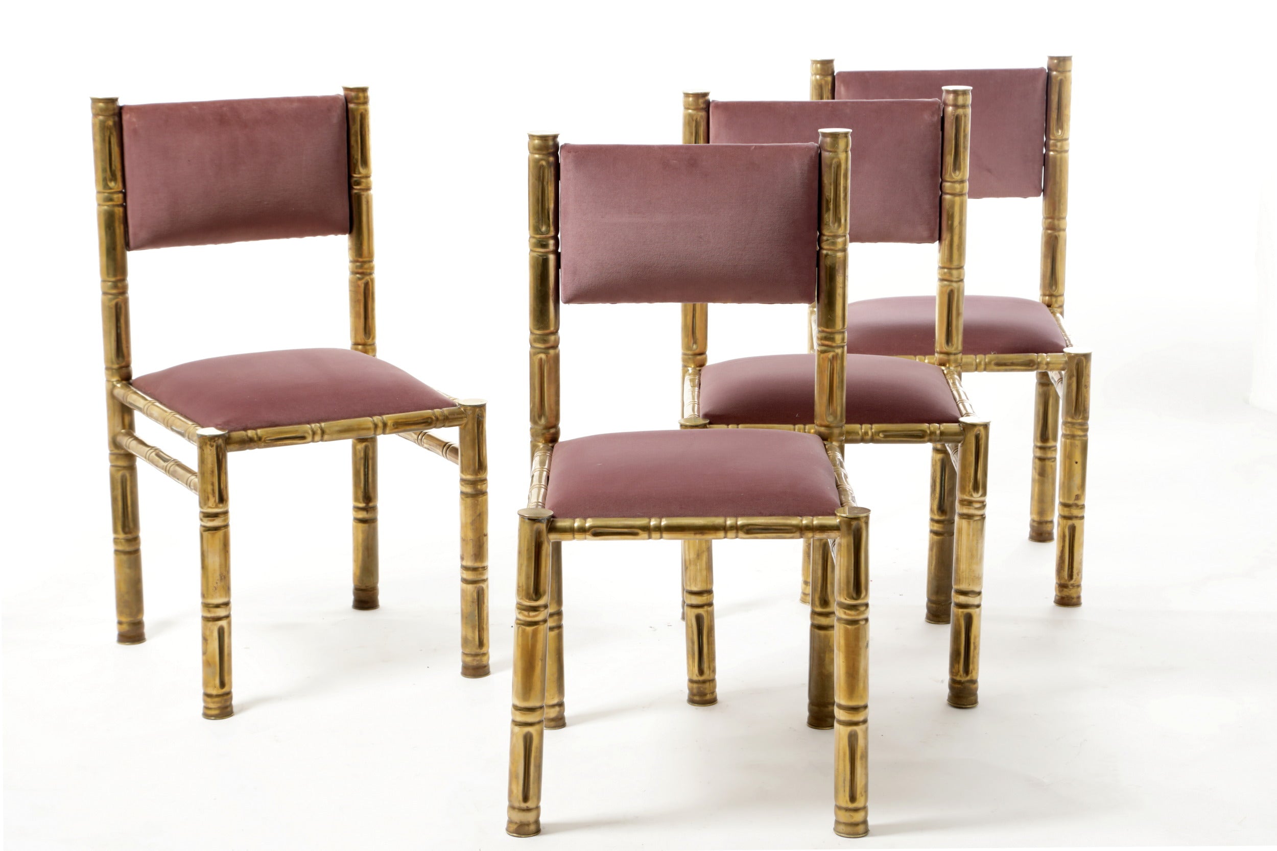 Four bamboo chairs brass seat mauve 70s