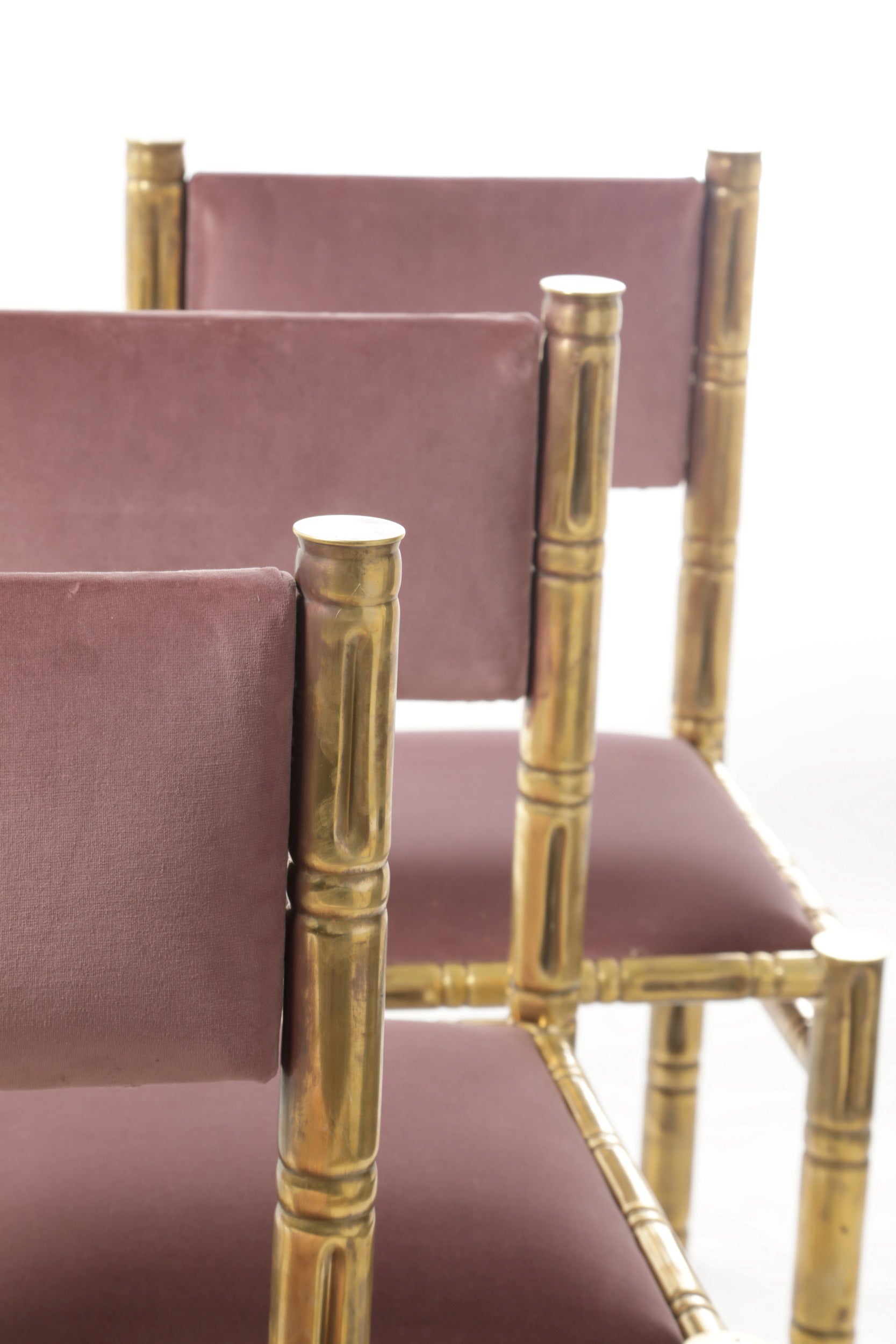 Four bamboo chairs brass seat mauve 70s
