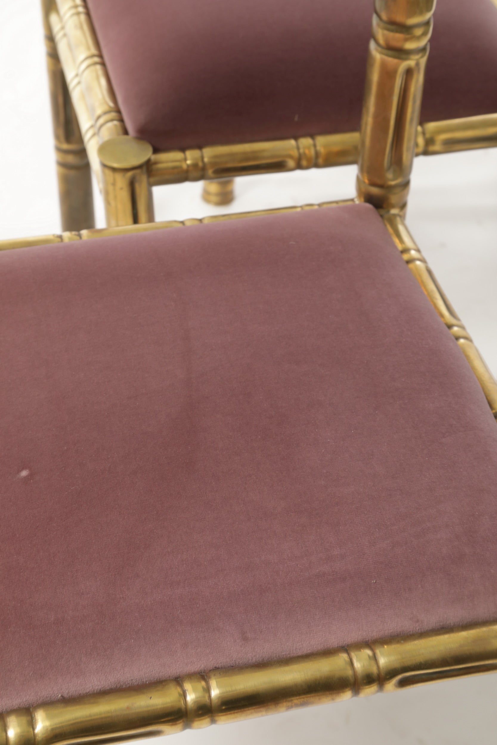 Four bamboo chairs brass seat mauve 70s