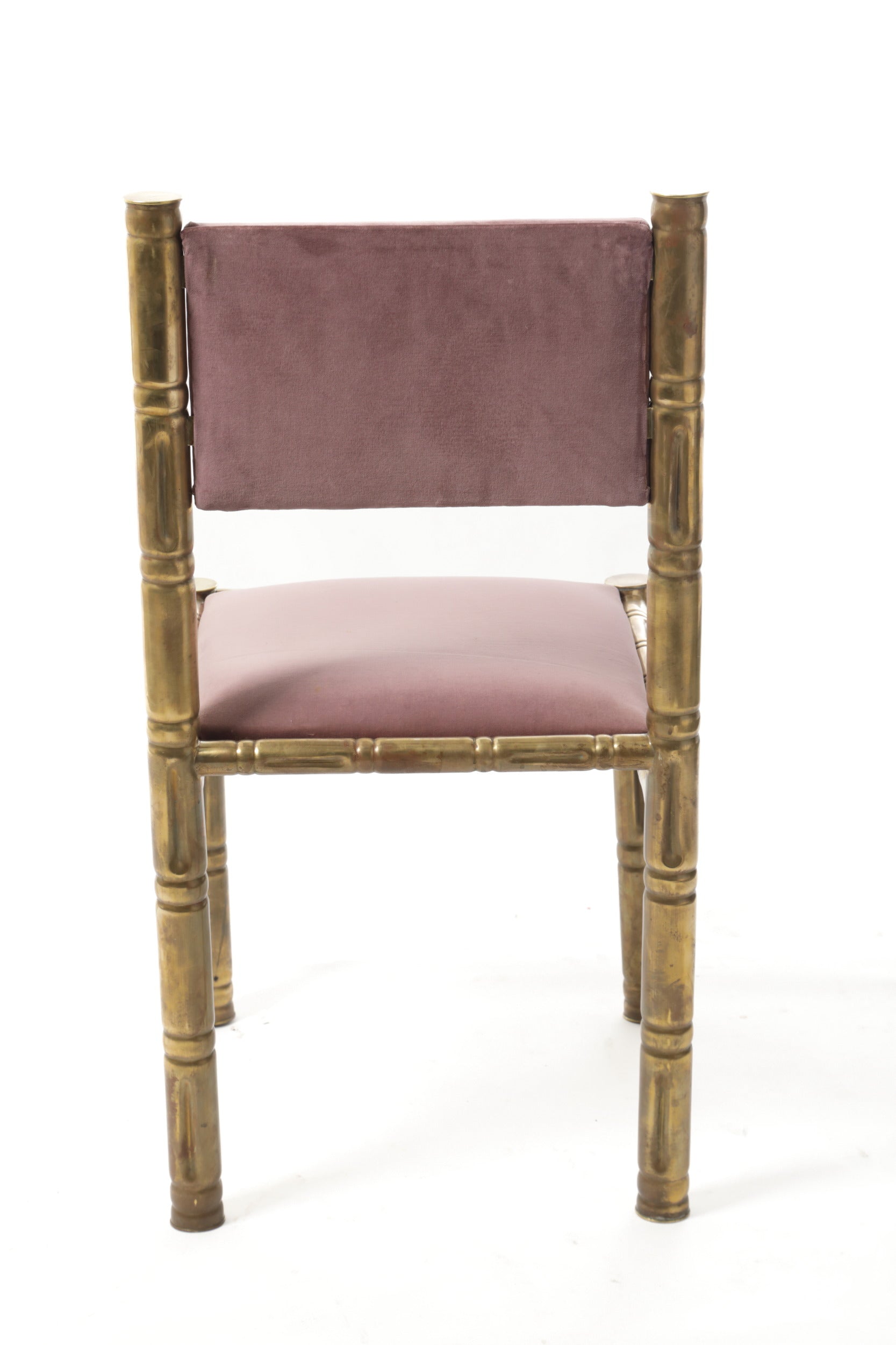 Four bamboo chairs brass seat mauve 70s