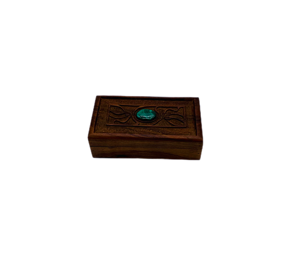 Vintage wooden box inlaid malachite gem