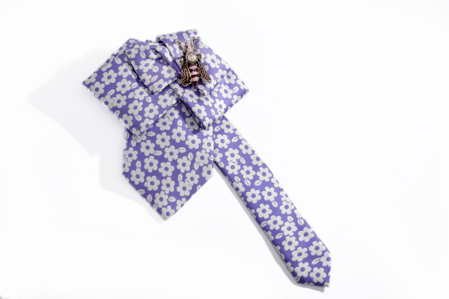 Lilac silk tie scarf with white flowers