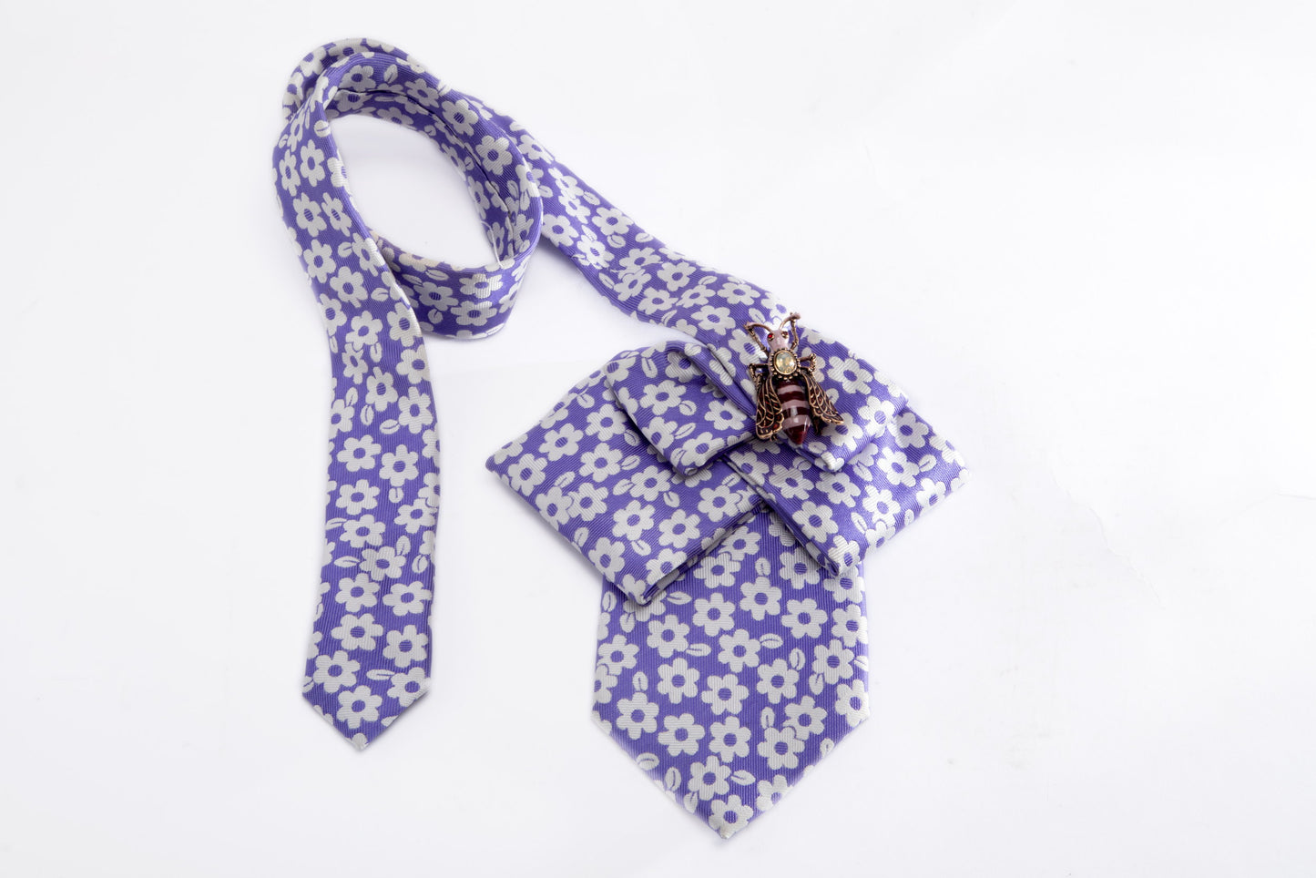 Lilac silk tie scarf with white flowers
