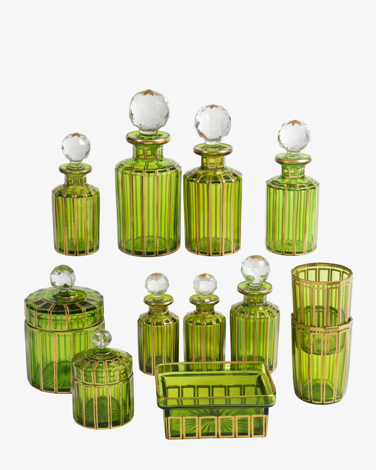 Set di bottiglie porta profumo in vetro verde e oro anni 60